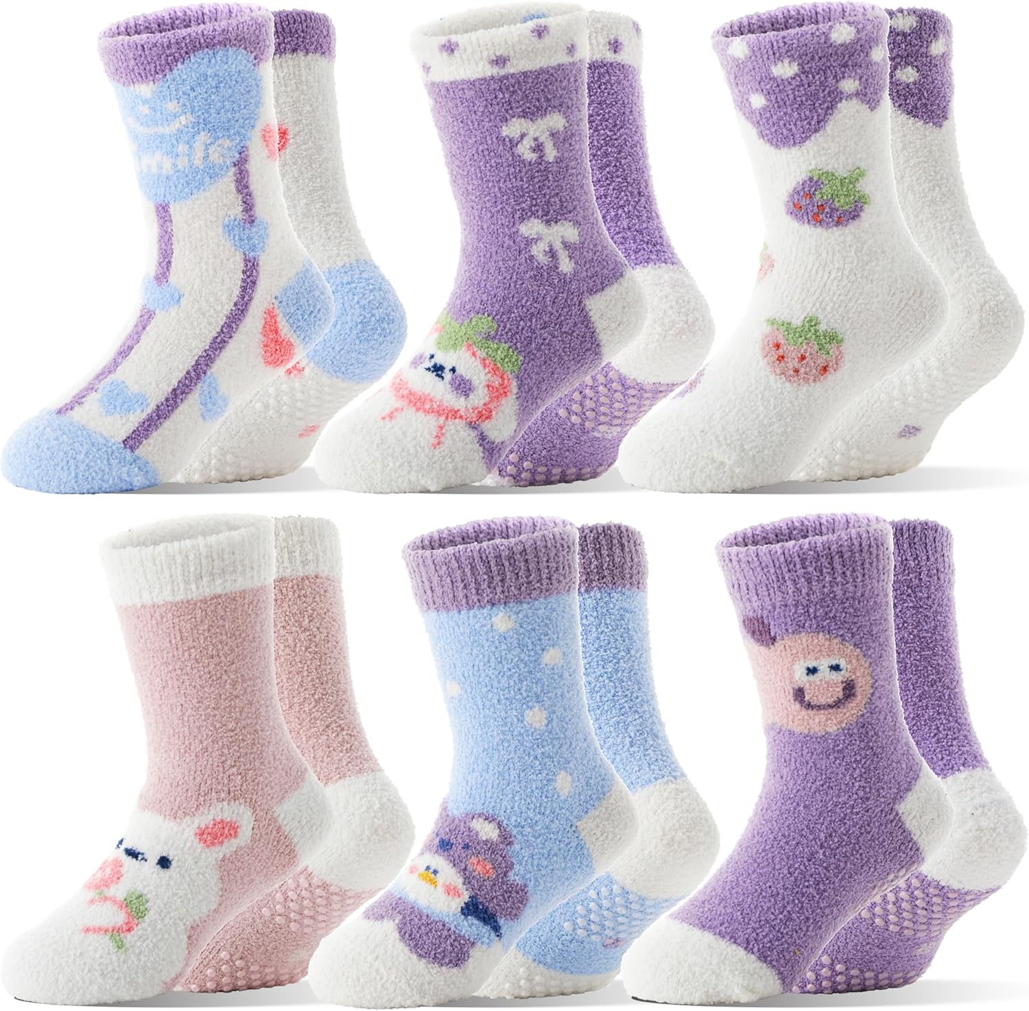 MOGGEI Kids Girls Toddlers Fuzzy Slipper Grips Socks Non Slip Warm Winter Fluffy Cozy Thick Fun Crew Gripper Socks 6 Pairs