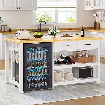 DynJest 60" Kitchen Island with Storage and Seating, Drawers, Hooks, White | Bakers Rack with Mini Fridge Space,Power Outlets, Solid Wood Island Table with Large Worktop, Coffee Bar Station,Space-Saving
