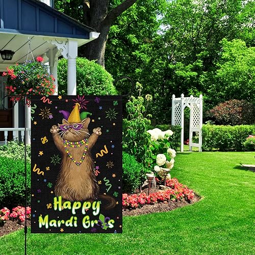 Miniatura 3 de Bandera de jardín Mardi Gras de 12 x 18 pulgadas vertical de doble cara arpillera pequeña para mascarada para jardín patio casa cuentas de flor de