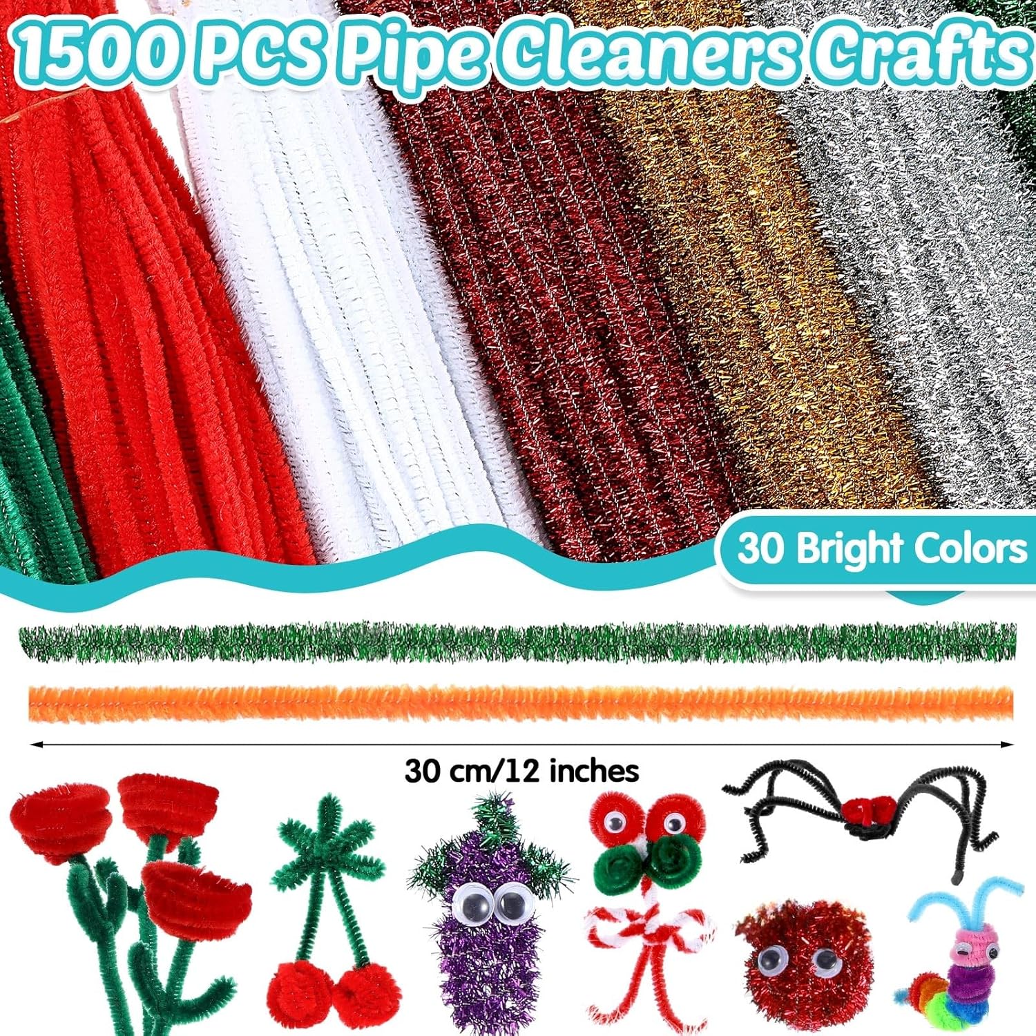 Poen 1500 Pcs Pipe Cleaners Bulk 30 Colors Pipe Cleaners Craft Supplies Glitter Chenille Stems for Christmas DIY Project Arts and Crafts Decoration Making Supplies