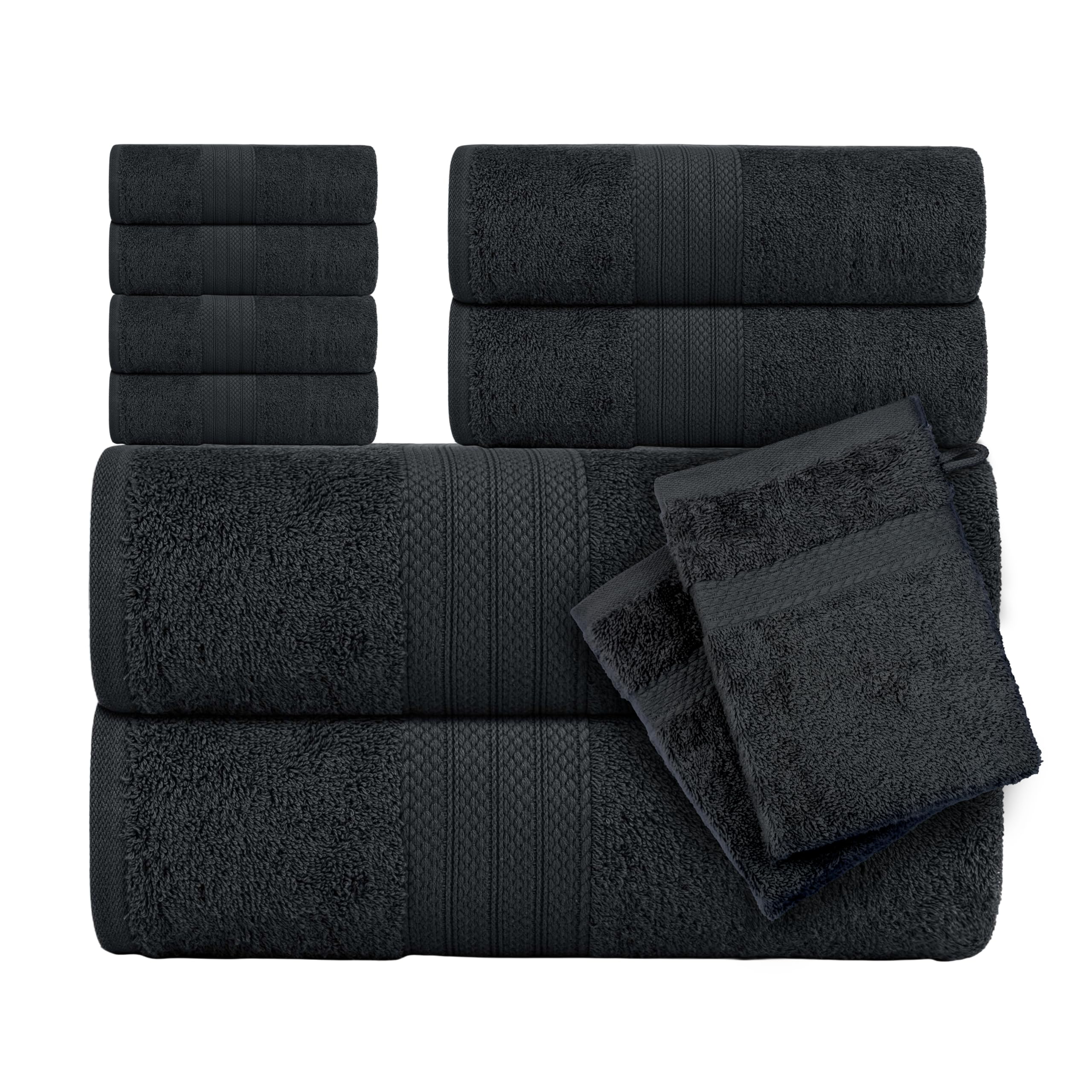 CTL® 8 Piece Towel Set 500 GSM - 2 Bath Towels, 2 Hand Towels and 4 Washcloths & 2 Wash Gloves Free 100% Cotton Hotel Quality Family Pack Towel Bale Set Highly Absorbent (Black, 8 Piece Bale Set)