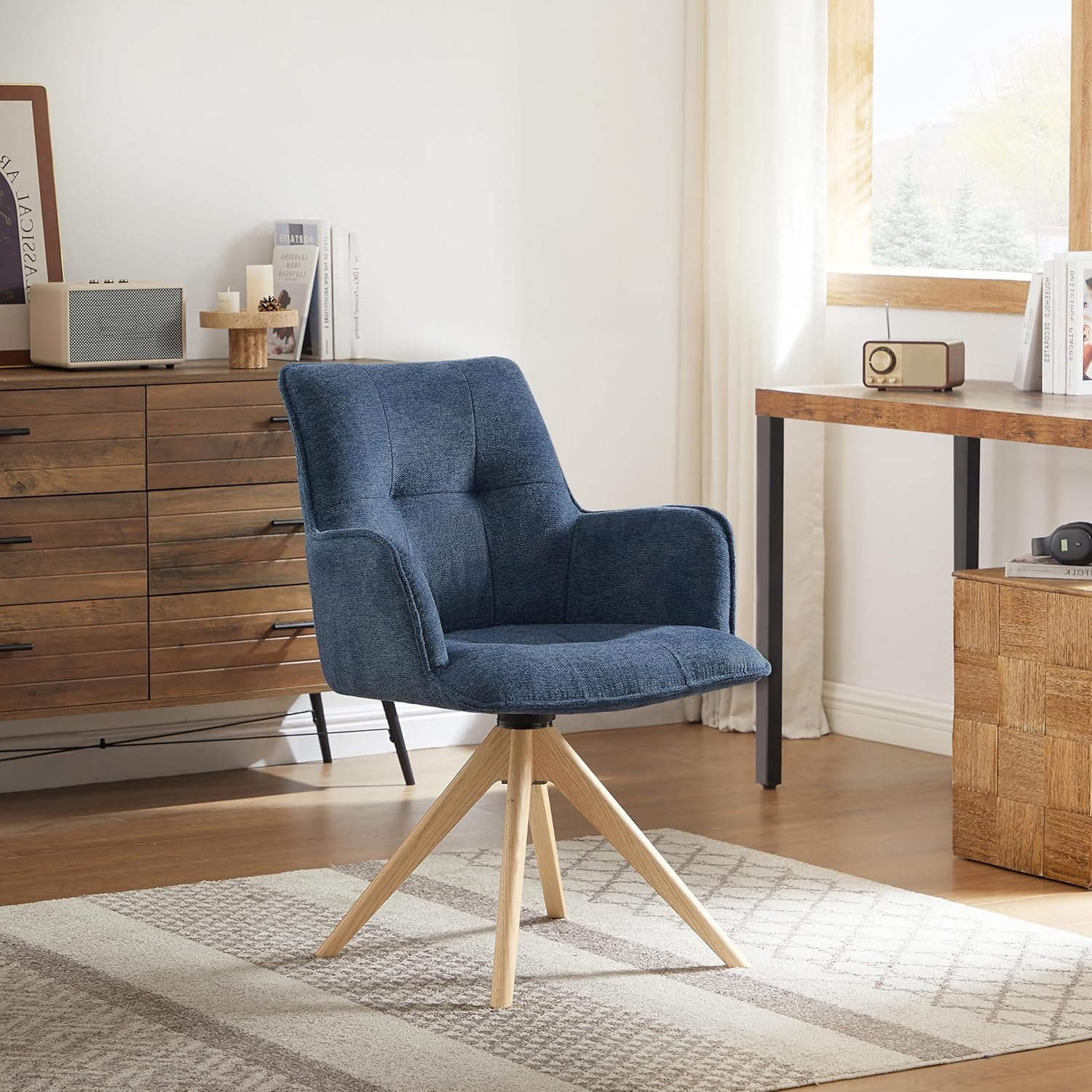 Art Leon Swivel Armchair - Mid Century Modern Office Chair No Wheels, Fabric Upholstered Accent Chair with Oak Wood Legs for Small Space Living Room Bedroom, Blue
