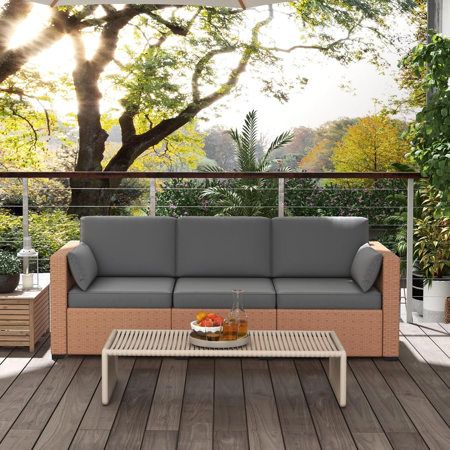 GOWE Wicker Patio Couch, PE Rattan 3-Seat Sofa, Outdoor Furniture with Deep Seating, Cushions, Steel Frame, Sand