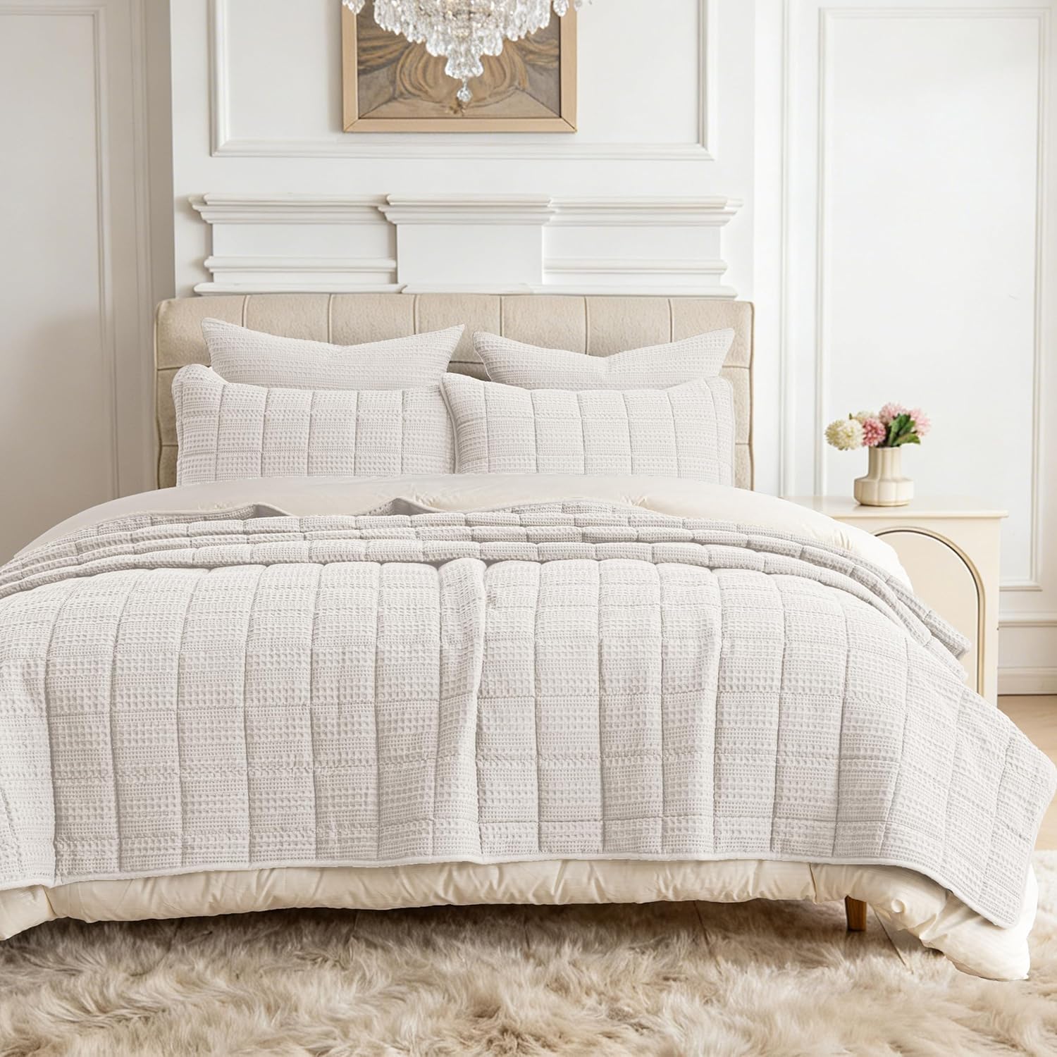 98x106 Cotton Quilt Bedding Set King Size Quilted Bedspread Sets with 2 Shams,3 Pieces Lightweight Soft Bedding Sets for All Season,White