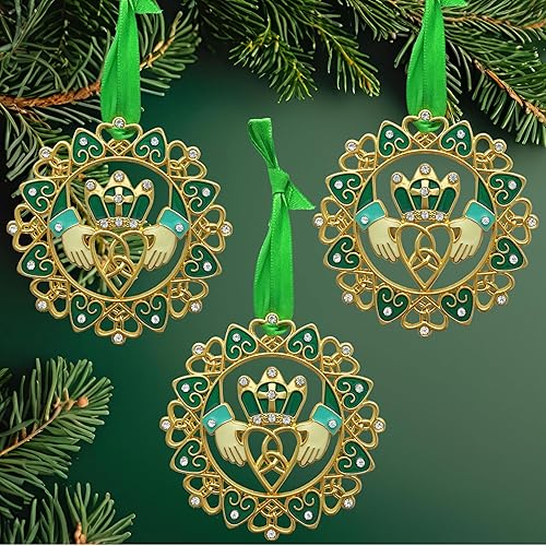 Miniatura 4 de Adorno de Navidad irlandés, juego de 3, diseños de Claddagh dorados con joyas y esmalte, caja de regalo con poema irlandés, bolsa de