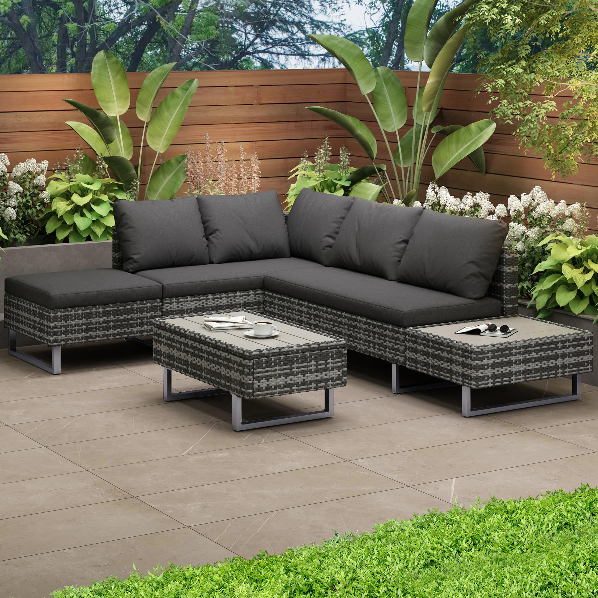 Rtopsu Polyrattan Gartenmöbel Sitzgruppe Sofa Set für 5 Personen, Gartenlounge Balkonmöbel Terrassenmöbel mit Ecksofa Gehärtetem GlasTisch und Auflagen für Innenhof Garten Balkon, Grau