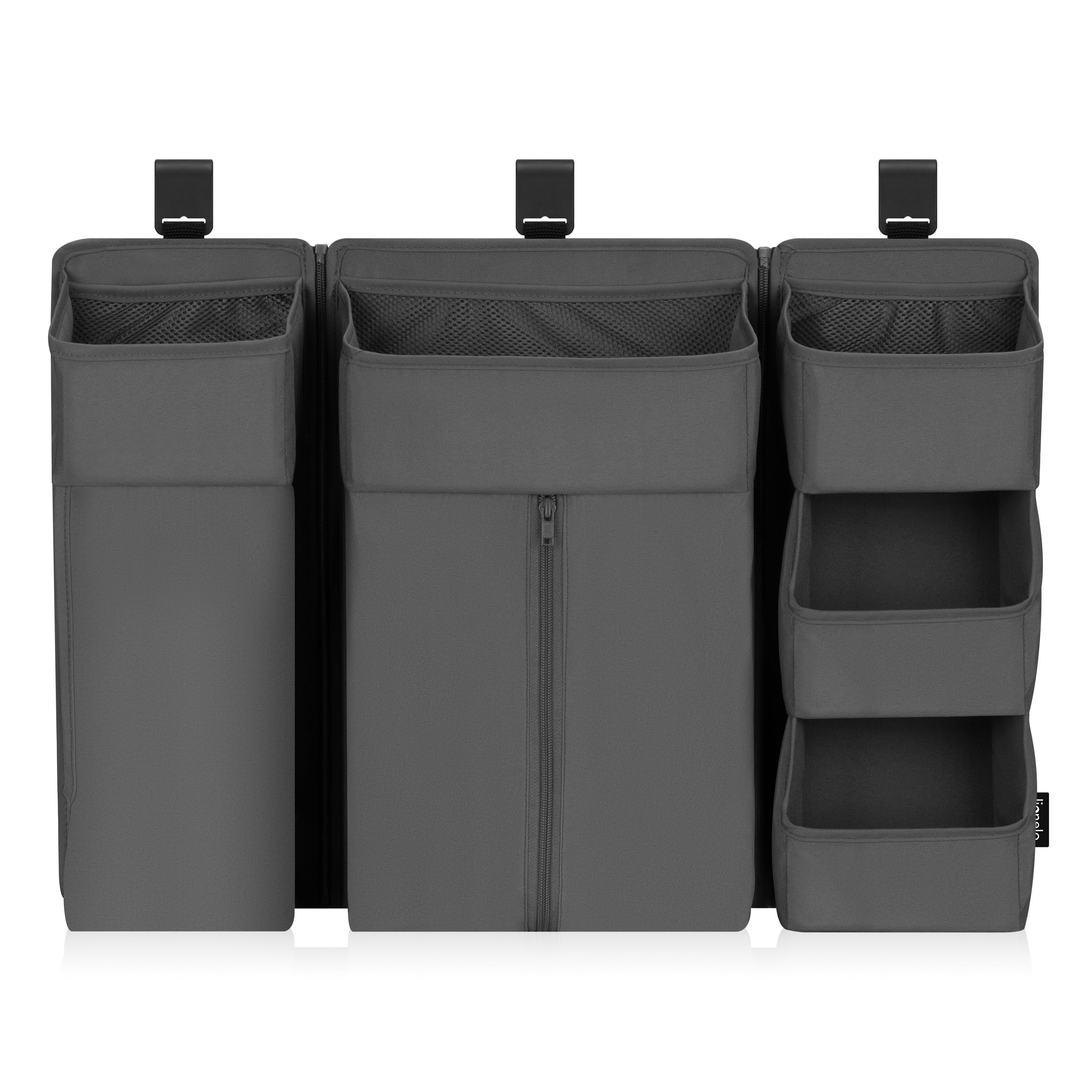 lionelo Sidepocket Large Hanging Nursery Organiser 58×11×58 cm – Modular 3-Section Cot Storage with Zip Pocket & Multiple Compartments – Fits Travel Cots, Bedside Cots, Cribs & Playpens