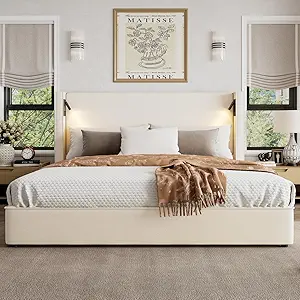 Christopher Knight Home Hazel 45.70"H California King Bed Frames, Linen Upholstered Cal King Bed Frame, Slats Panel Support, No Spring Box Needed, Wingback Headboard with Reading Lamps and USB, Beige