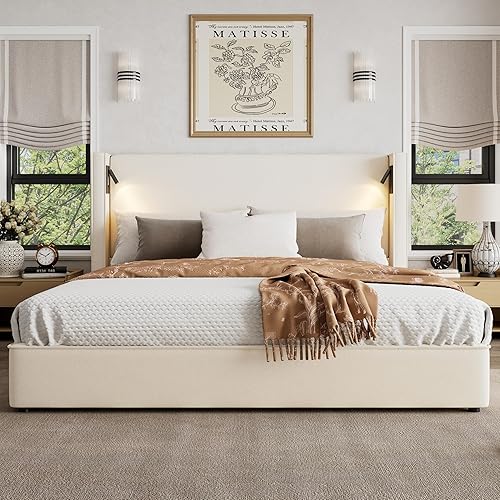 Christopher Knight Home Hazel 49.20" H King Headboard Bed, Upholstered King Size Bed, Slats Panel Support Platform, No Spring Box Needed, Wingback Headboard with Reading Lamps and USB, Beige