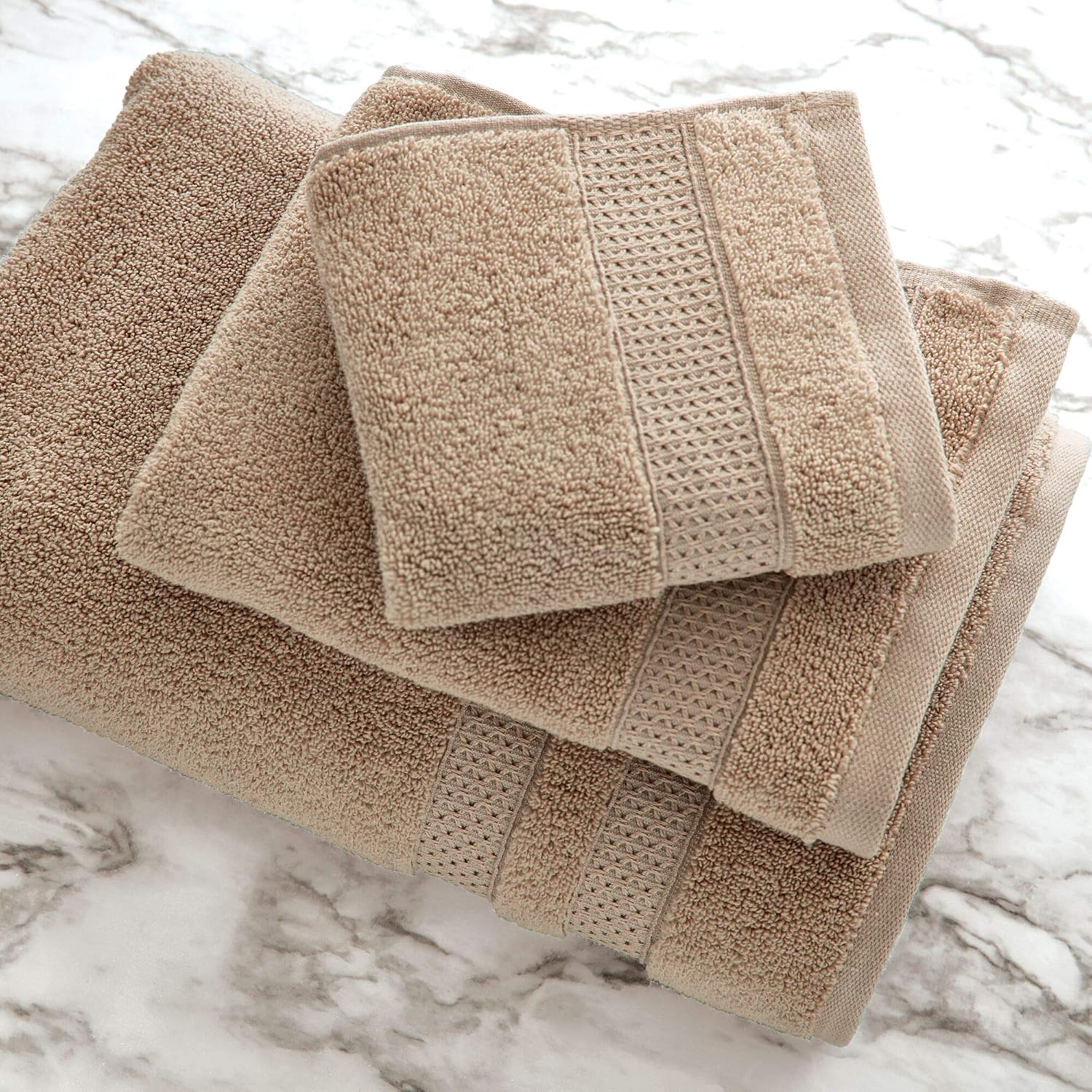 iDesign - 7587 Spa Hand Towel with Hanging Loop, 100% Cotton Soft Absorbent Machine Washable Towel for Bathroom, Shower, Tub - Set of 4, Linen