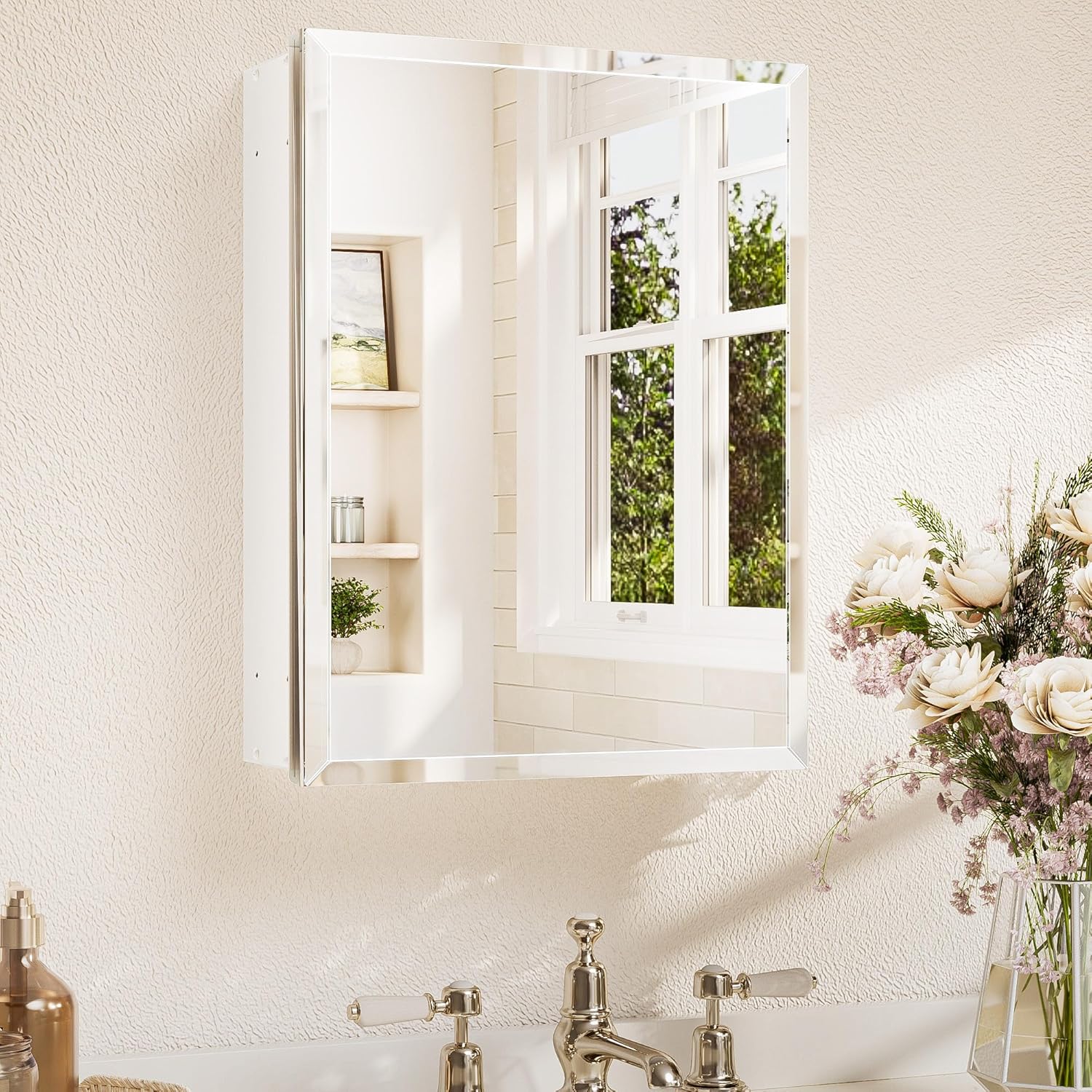 TETOTE 14 x 18 Medicine Cabinet with Tempered Beveled Mirror White Bathroom Mirror with Storage Aluminum Cabinet DTC Hinges, Stepless Adjustable Shelves, Recessed/Surface-Mounted 18"L x 14"W White