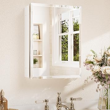 TETOTE 14 x 18 Medicine Cabinet with Tempered Beveled Mirror White Aluminum Cabinet DTC Hinges, 2 Stepless Adjustable Shelves, Recessed/Surface-Mounted