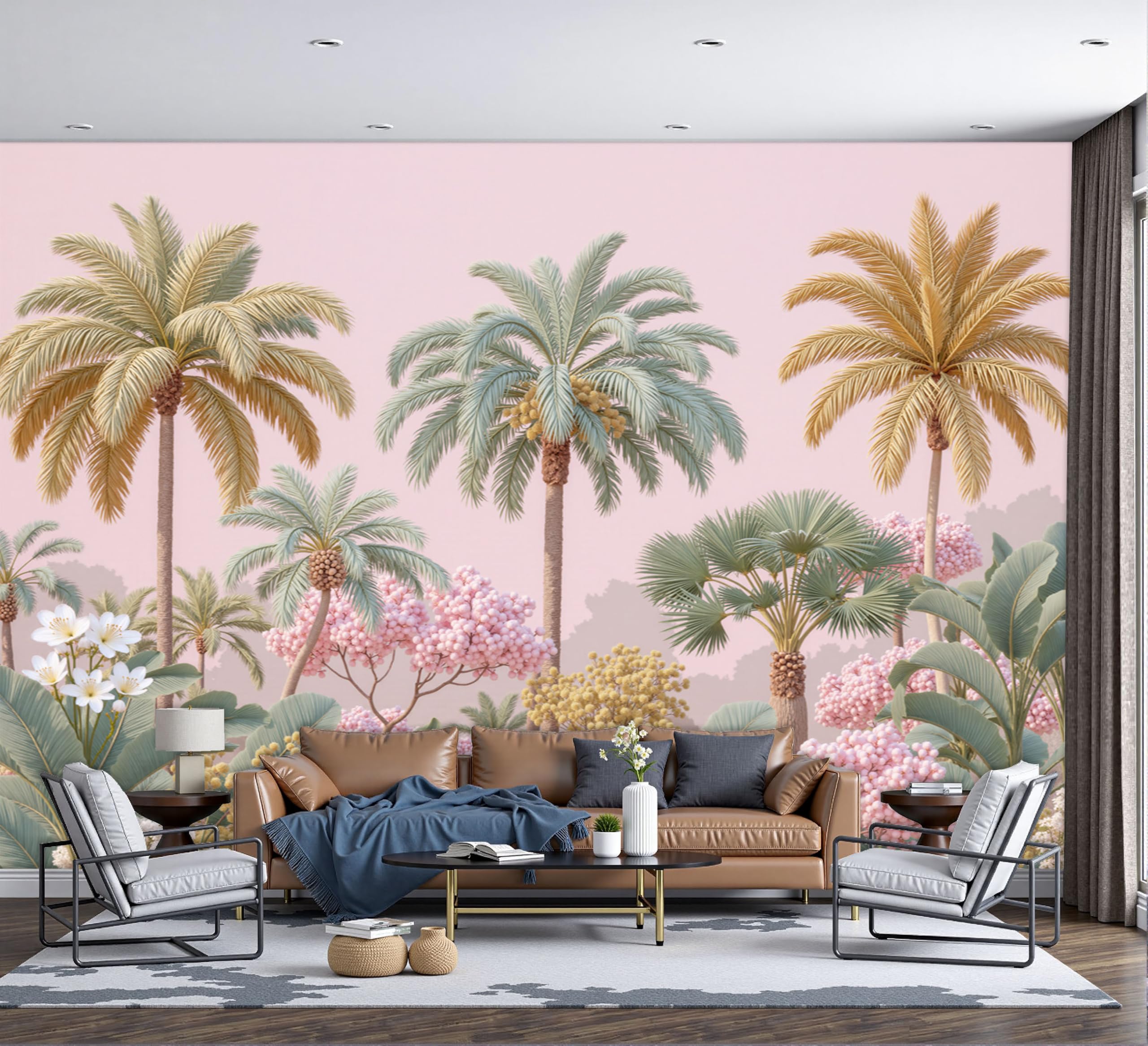 Papier peint panoramique tropical rose 400x280 cm avec fleurs de palmier pour mur de cuisine