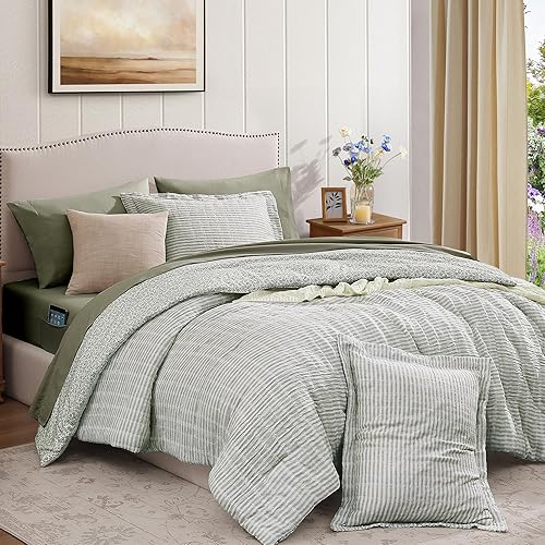 Miniatura 9 de Juego de edredón tamaño Queen, 7 piezas de muselina de gasa verde para todas las estaciones, ropa de cama ligera y transpirable en una bolsa, tamaño