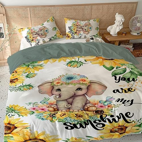 Miniatura 2 de Funda de edredón ligera con 2 fundas de almohada, juego de funda de edredón de 3 piezas, diseño de elefante de girasol, You are My Sunshine, para