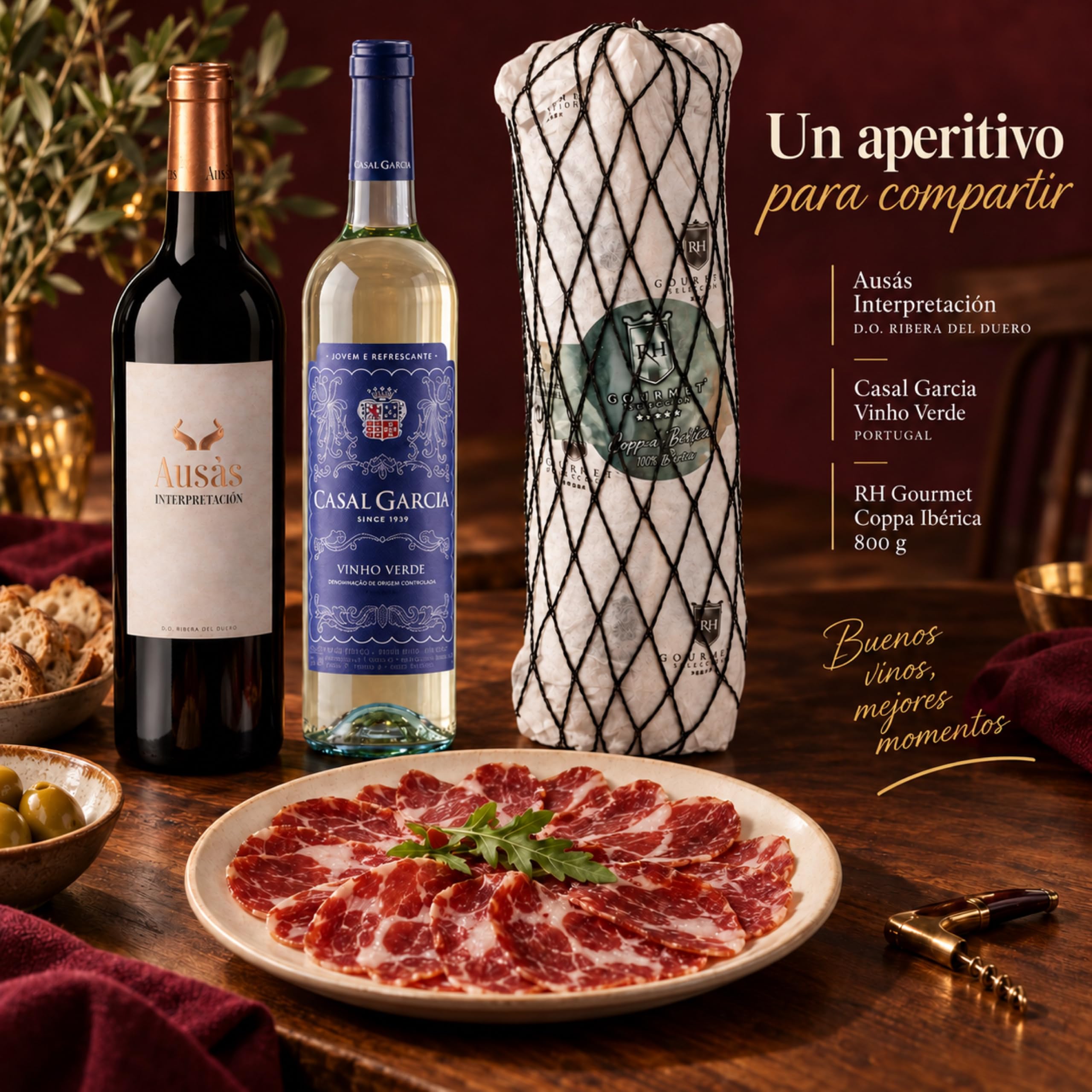 Cesta gourmet Navidad Ausás Interpretación y Casal García Vinho Verde con coppa ibérica de bellota 100% 800 g RH Gourmet, pack de 2 botellas 75 cl
