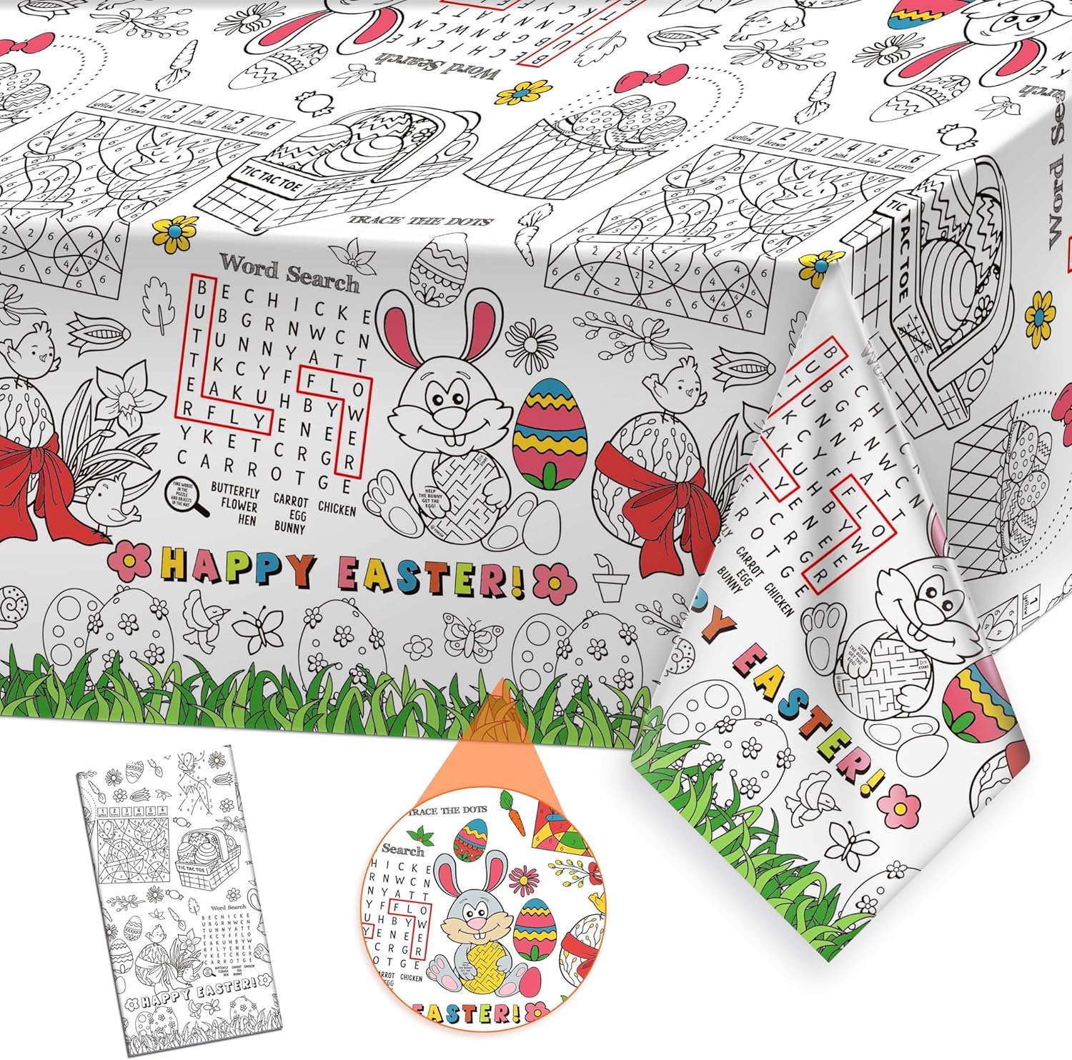 Easter Coloring Tablecloth for Kids - 1 Pack Happy Easter Bunny Egg Paper Tablecloth Disposable Rectangle Color-in Paper Table Cover for Children Activity Holiday Party 54x108 Inch
