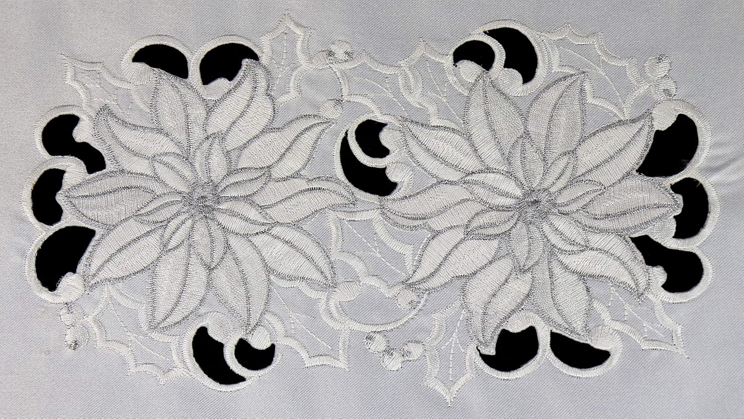 H & A Collection Marina Decoration Vintage Elegant Embroidered Cutwork Kitchen Dining Table Placemats, Christmas Silver White Poinsettia, 12 x 18 Inch, Set of 4