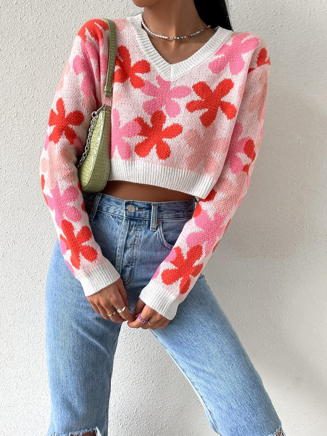 Women's Sweater Floral Pattern Crop Sweater Sweater for Women (Color : Multicolor, Size : Medium)
