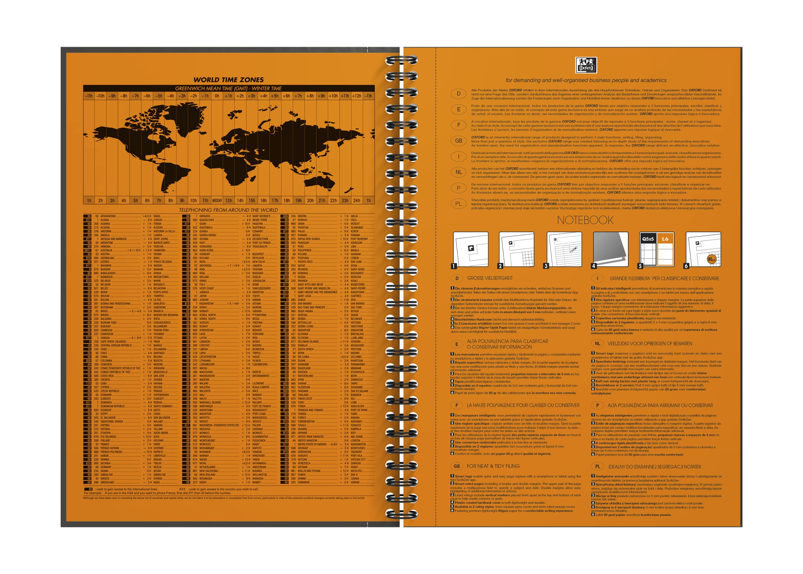 Oxford, Notebook Spiralato B5, 5 Pezzi, Rigatura 5mm, 160 Pagine, Carta 80gr , App Scribzee, Nero