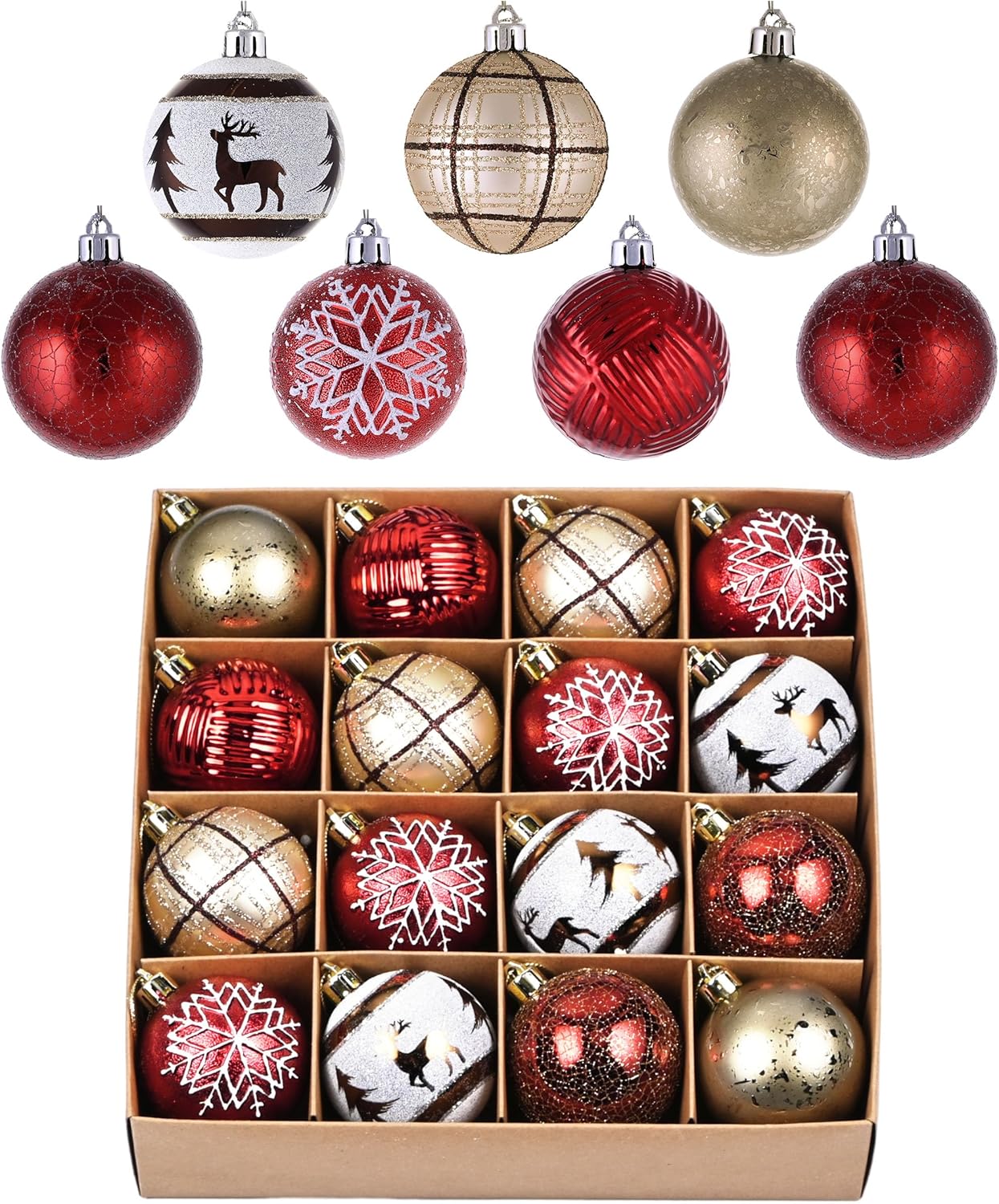 Valery Madelyn Christmas Ball Ornaments, 16ct Red White Copper Shatterproof Christmas Tree Decorations Set, 2.36 Inch Rustic Decorative Hanging Ornaments for Xmas Trees Bulk Holiday Party Decor