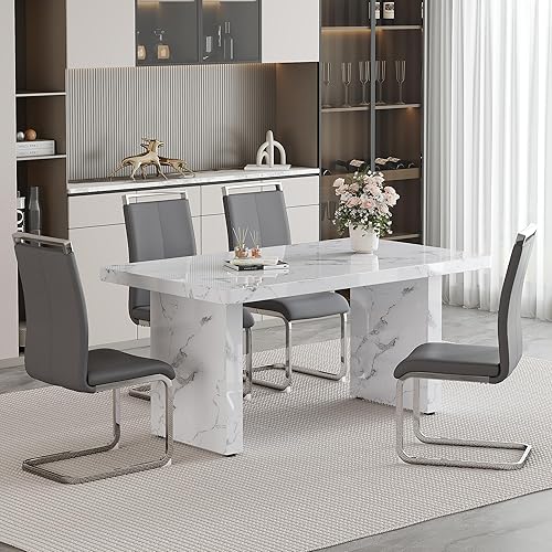 Miniatura 17 de Juego de mesa de comedor moderno para 6, juego de mesa de comedor blanco de 63 pulgadas para 6, tablero de mesa de cocina MDF con patrón de mármol y