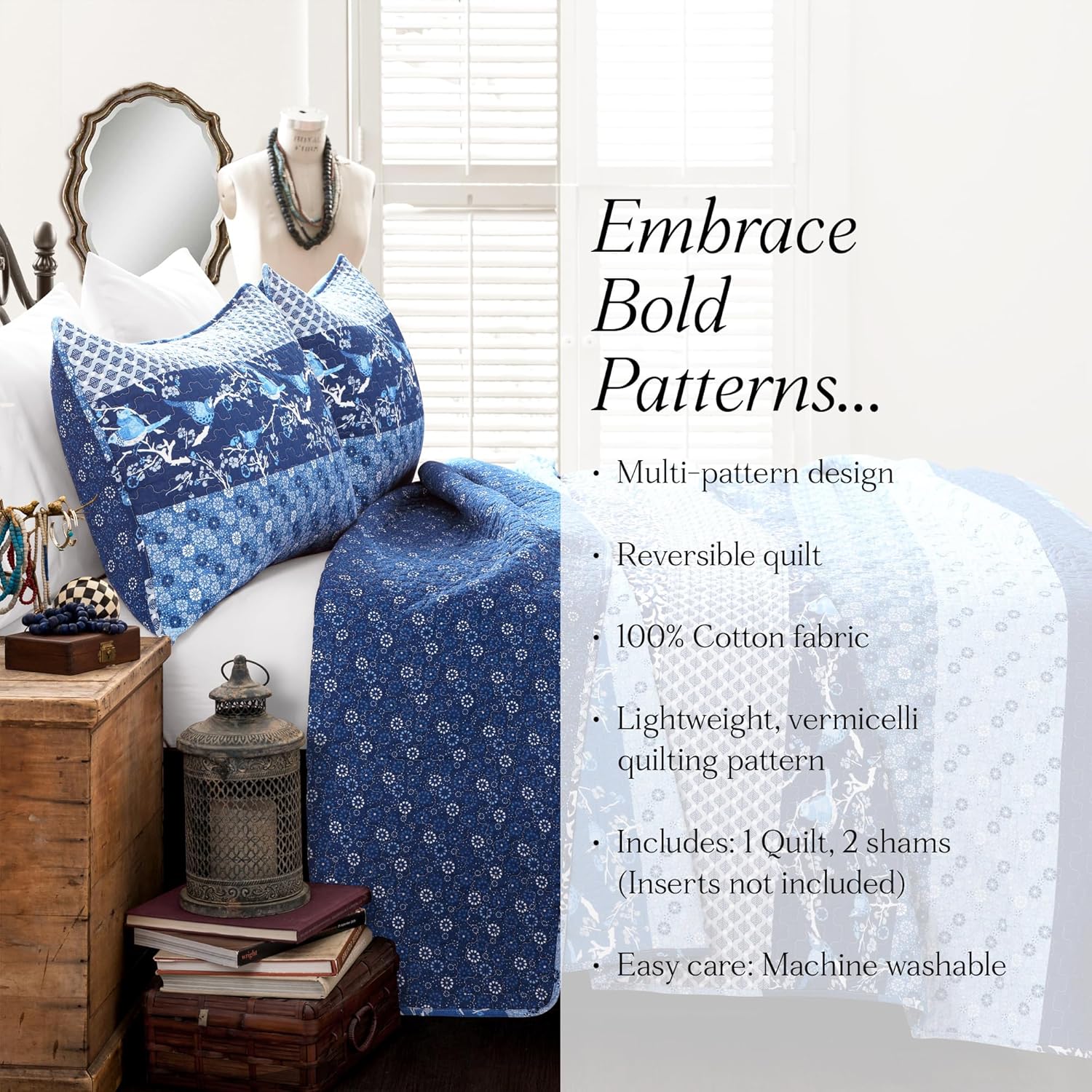 Lush Decor Royal Empire Reversible Cotton Quilt Set, 3 Piece Set Full/ Queen, Navy - Striped Bedding Set - Floral Quilt Queen Size - Boho Decor - Image 6