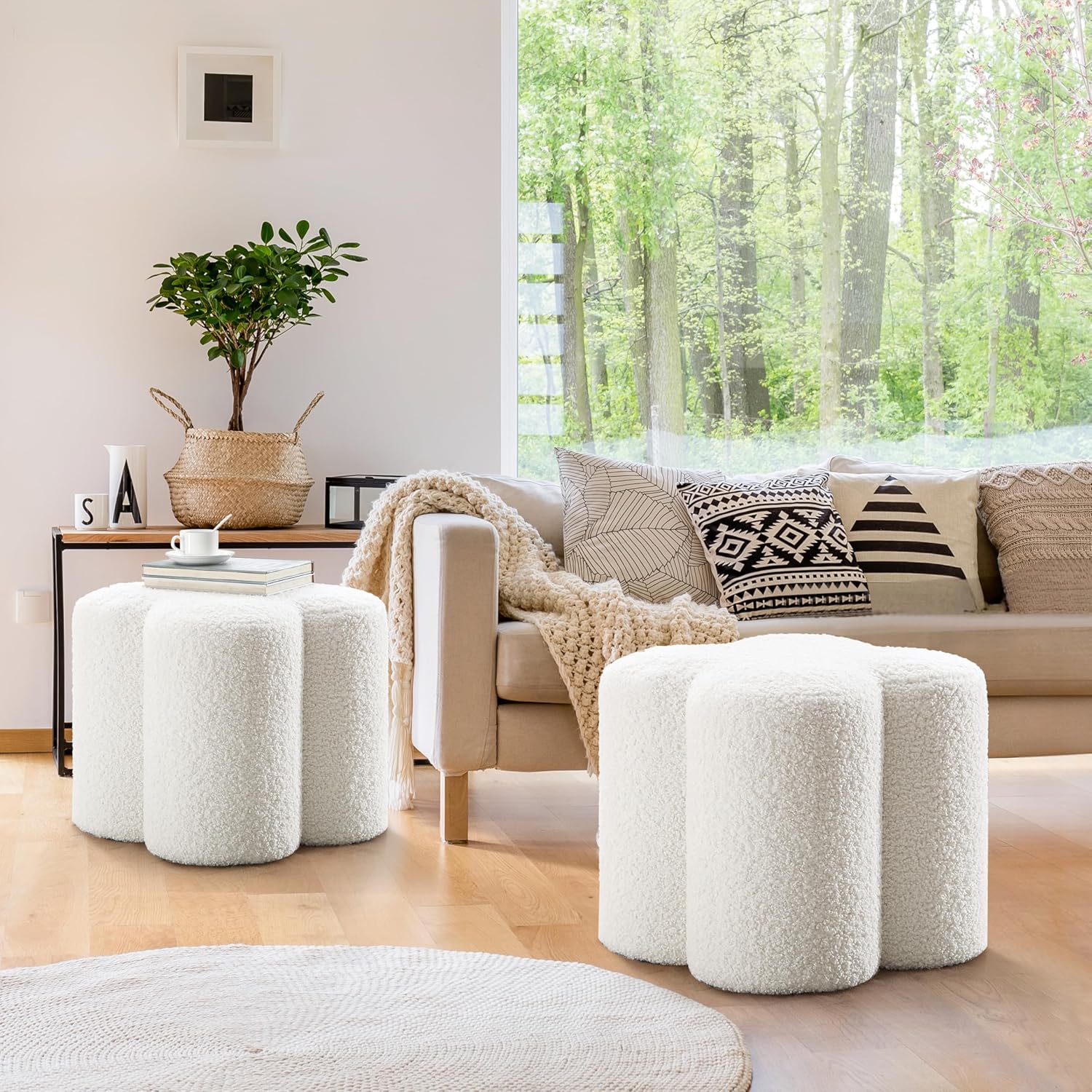 White Sherpa Ottoman Set of 2, Small Vanity Stool, Multi-Functional Ottoman Stool, Footrest for Couch, Flower Footstool for Makeup Room, Entryway and Living Room