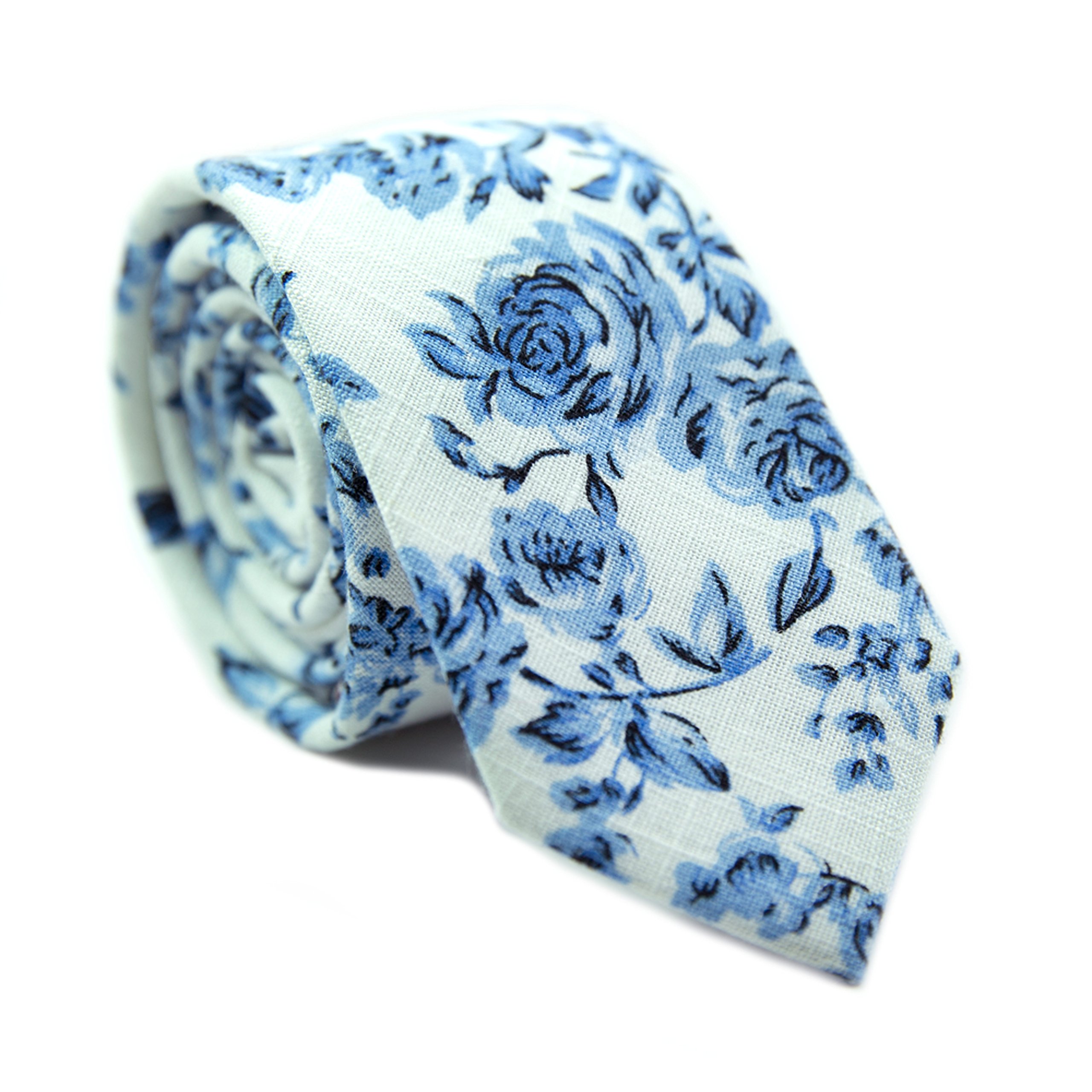 DAZI Men's Skinny Tie Floral Print Cotton Necktie, Great for Weddings, Groom, Groomsmen, Missions, Dances, Gifts.