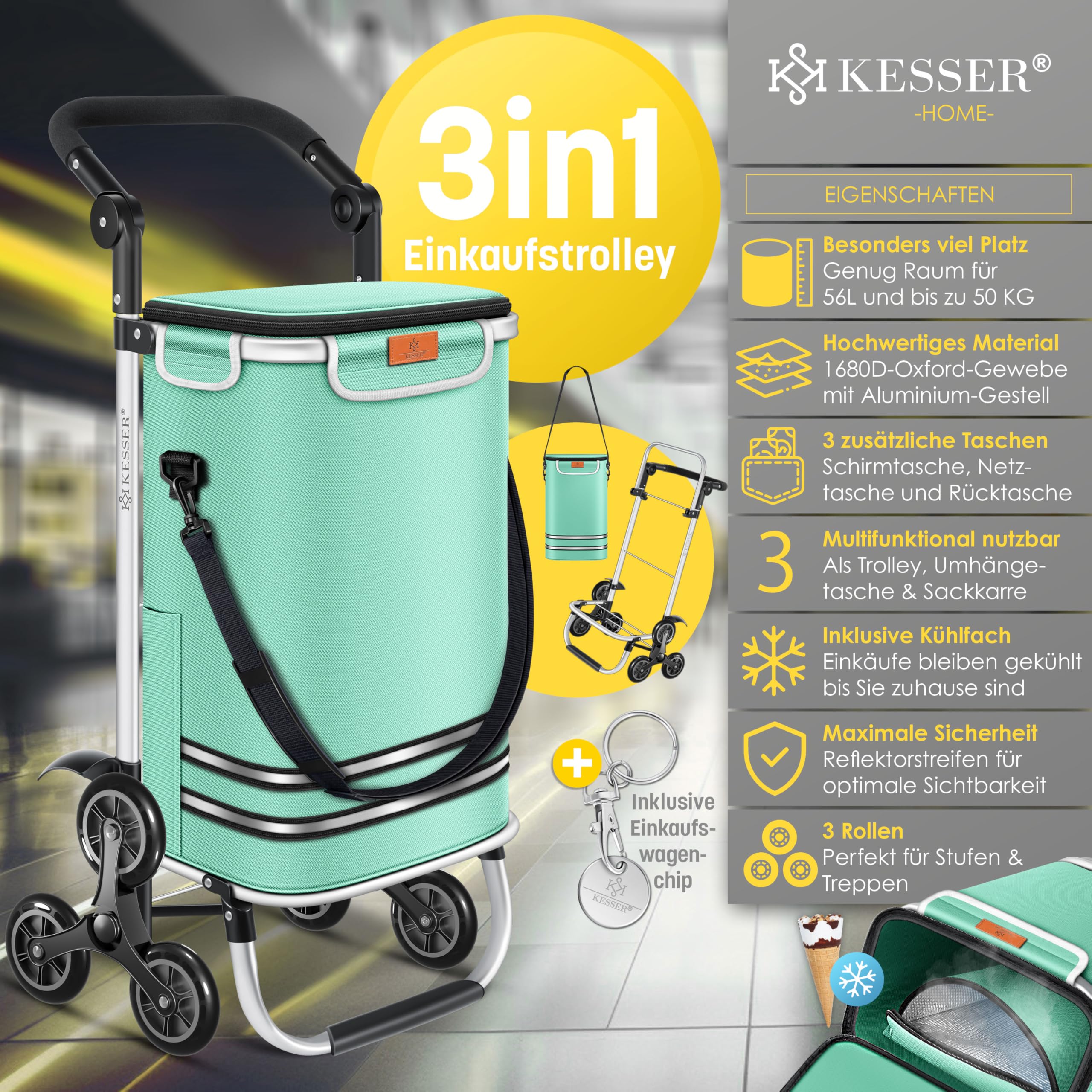 KESSER® Carro de la compra- Carro de la Compra con Compartimento Frigorífico, 56L de Capacidad, Capacidad de Carga hasta 50kg, 3en1 Carro y Bolsa bandolera, incl. Chip de compra, Plegable, Verde Menta