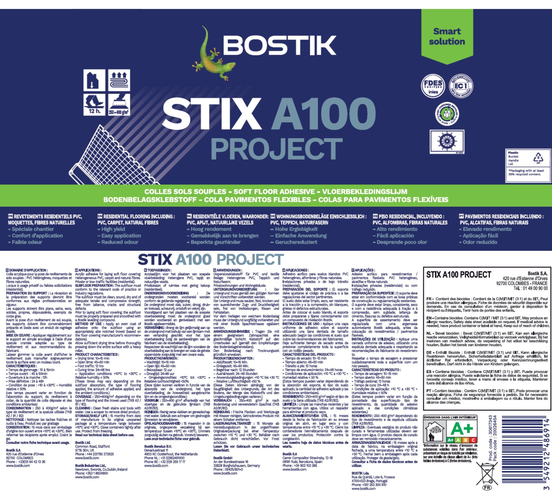 Bostik STIX A100 PROJECT Beige, Cola Acrílica Especial Pavimentos, Fácil de Aplicar, Multimaterial, Elevado Agarre Inicial, Alto Rendimiento, Homologado, Interior, Bote 20 kg