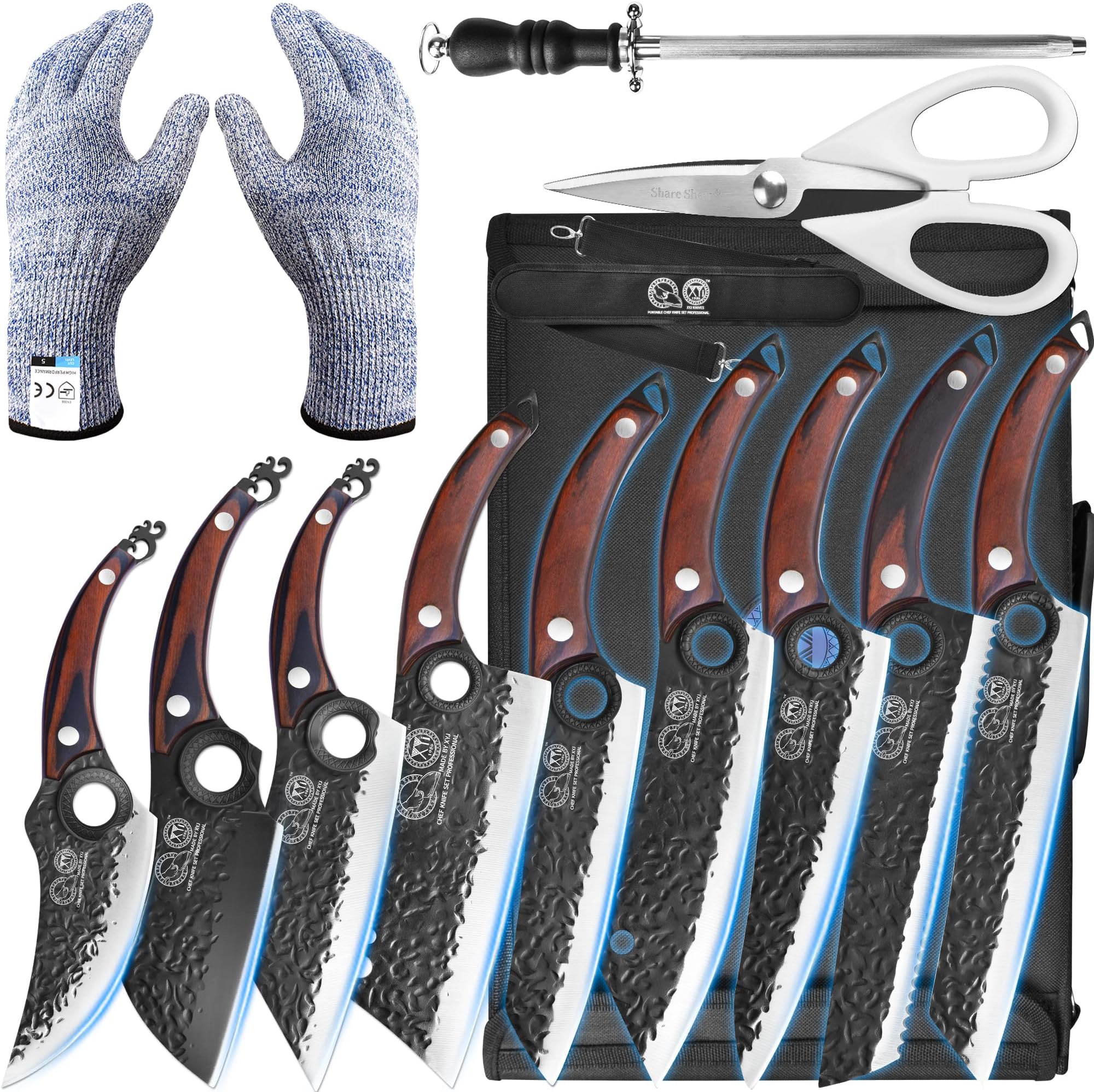 XYJ Professional Kitchen Knife Set with High-Carbon Steel Forged Blades, Chef's Knife, Cleaver, Carving Knife, Nakiri, Full Tang Design, Includes Carrying Bag & Poultry Scissors