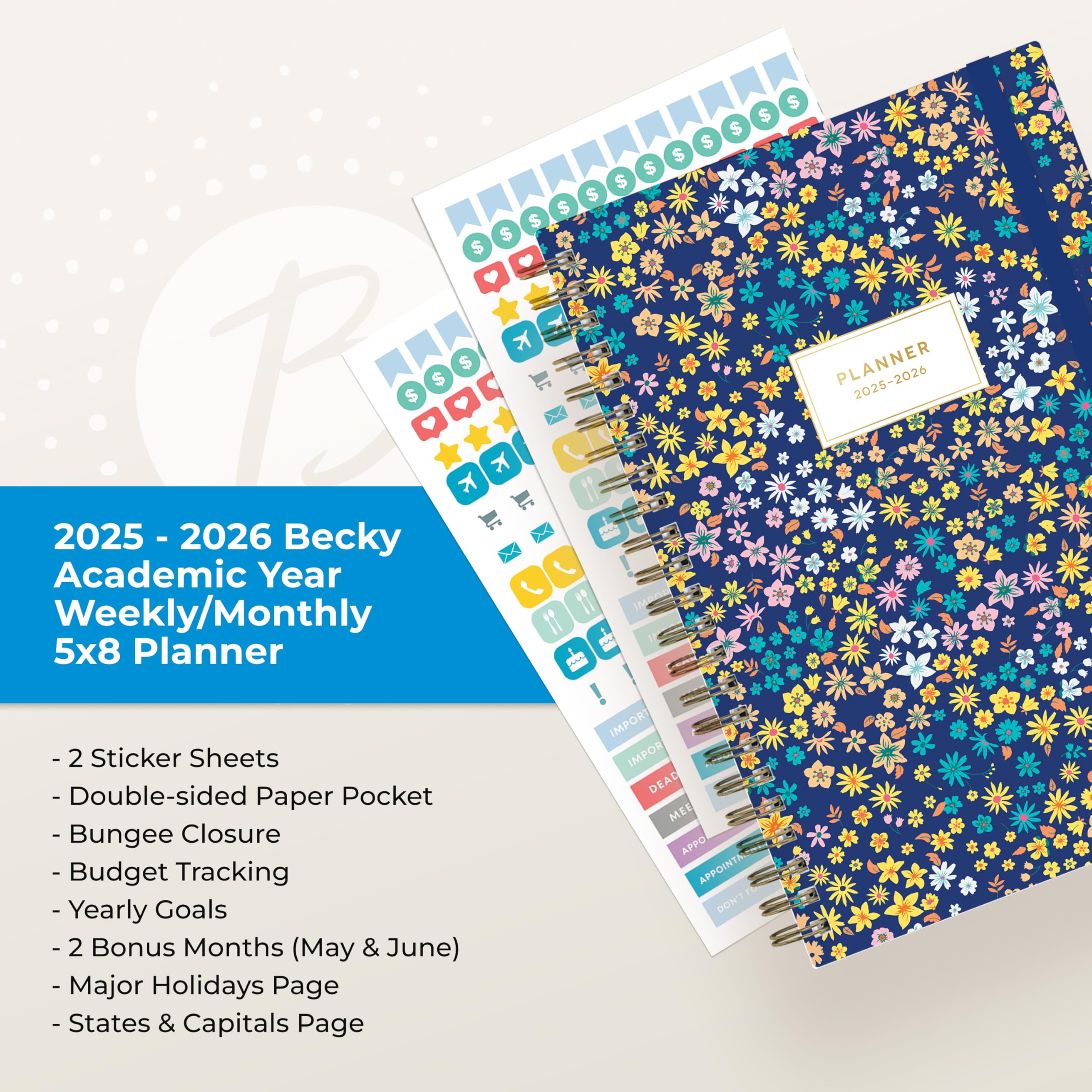 Blue Sky 2025-2026 Wochen- und Monatsplaner für das akademische Jahr, Juli 2025 - Juni 2026, 12,7 x 20,3 cm, Hardcover, Spiralbindung, Aufbewahrungstasche, laminierte Reiter, Aufkleber, Becky