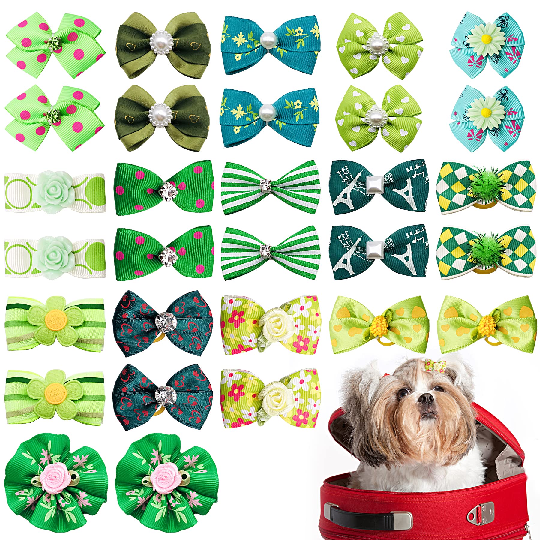 JpGdn 30PCS/15PAIRS Green Dog Hair Bows with Rubber Bands Puppy Hair Bowknot Top Knot Elastic for Girl Female Doggy Cat Rabbit Poodle Pet Animal