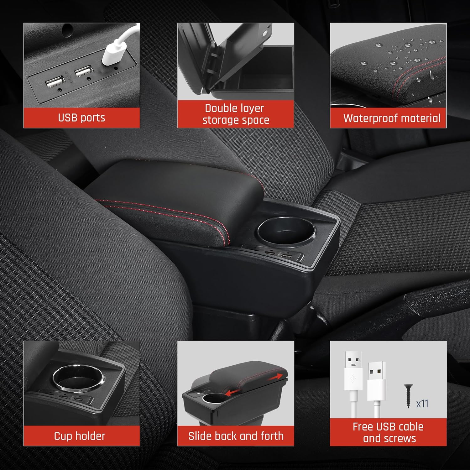 YJYWZH Car Armrest Storage Box for Honda Fit Jazz 2009-2013 Double Layer Car Center Console Organizer Armrest Box with 6 USB Ports and Cup Holder Car Interior Accessories(Red Thread)