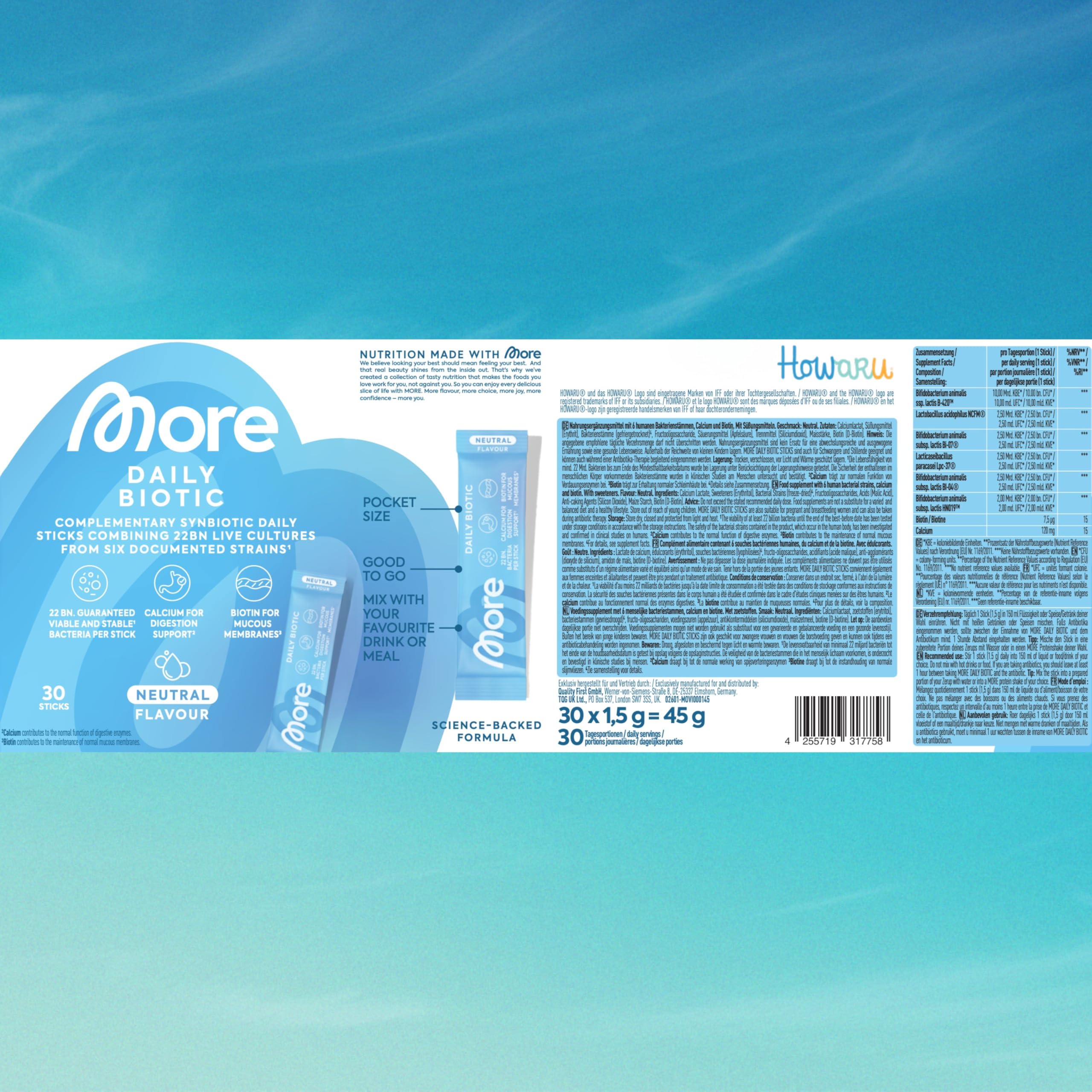 MORE Daily Biotic Sticks, 30 x 1,5 g, Neutral, mit 6 humanen Bakterienstämmen, Calcium und Biotin