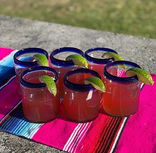 Miniatura 2 de Vasos mexicanos soplados a mano, juego de 6 vasos con bordes azul cobalto (10 onzas cada uno)