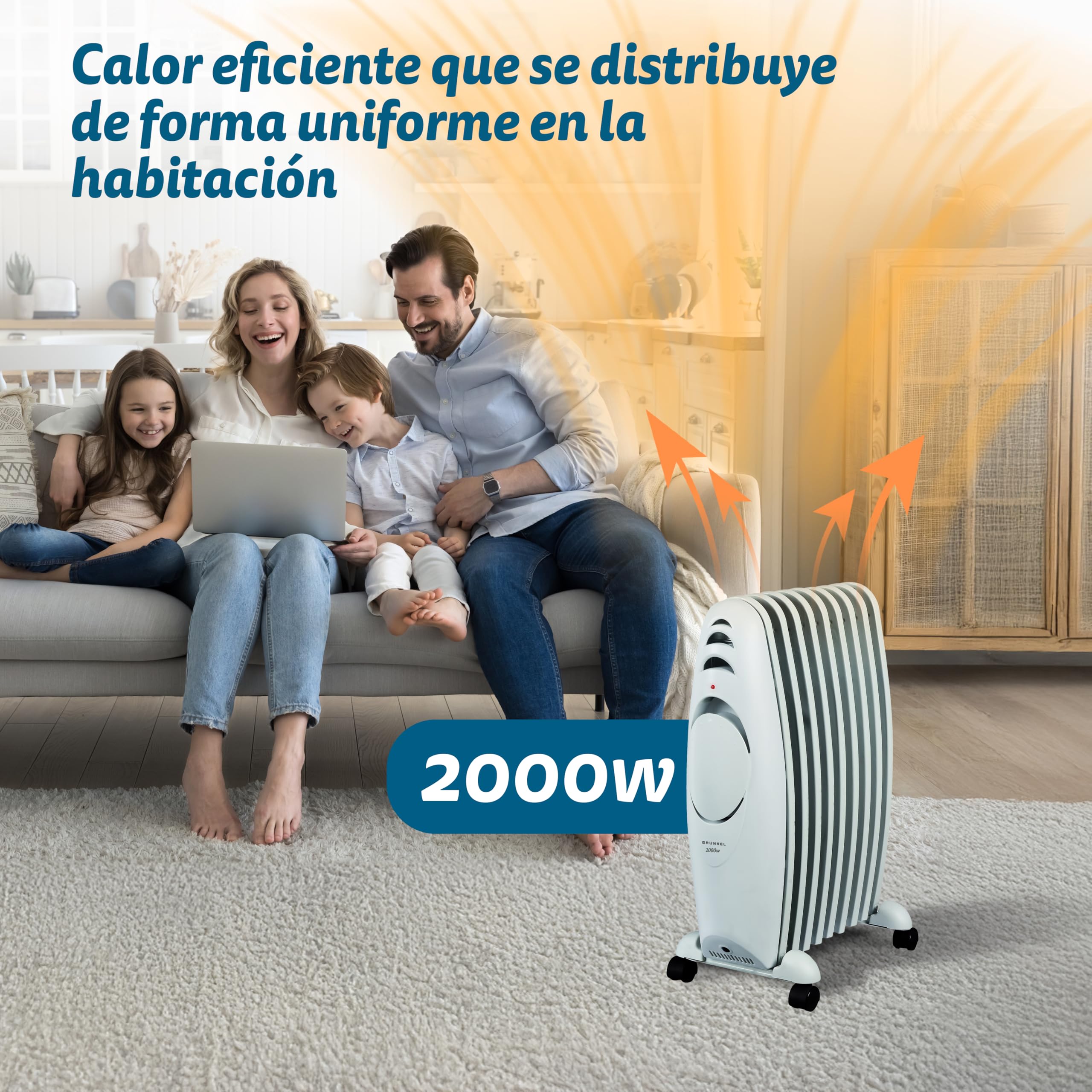 Grunkel - RAC-9EFIHEAT - Radiador de Aceite con 9 Elementos y 3 Niveles de Calor. con termostato Regulables y protección contra sobrecalentamiento. Base con Ruedas - Medidas: 34 x 14 x 58cm - 2000W