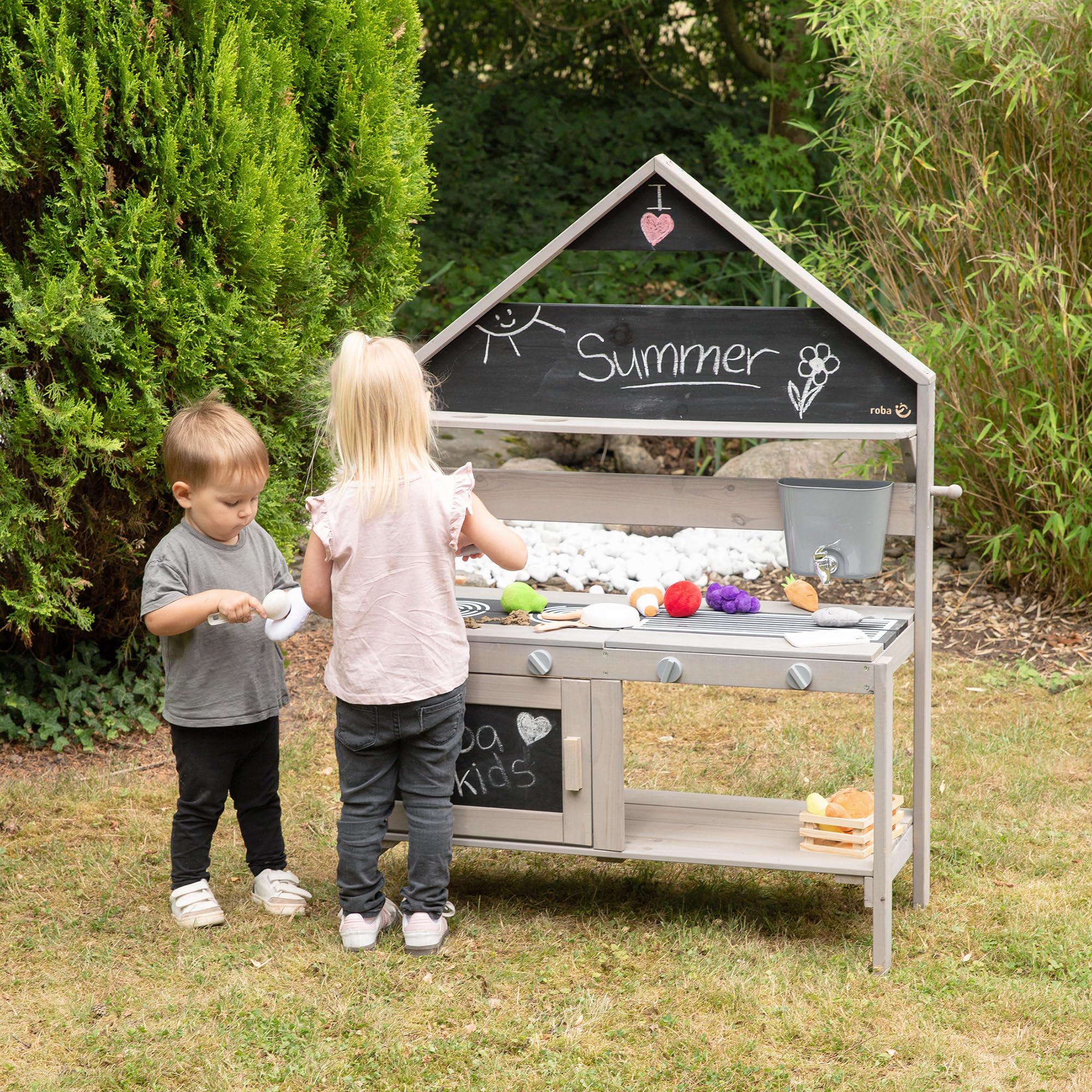 roba Cocina para Niños con Diseño de Casa - Cocinita de Juego Funcional para Exteriores con Accesorios - Madera Maciza Certificada FSC - Gris Esmaltado