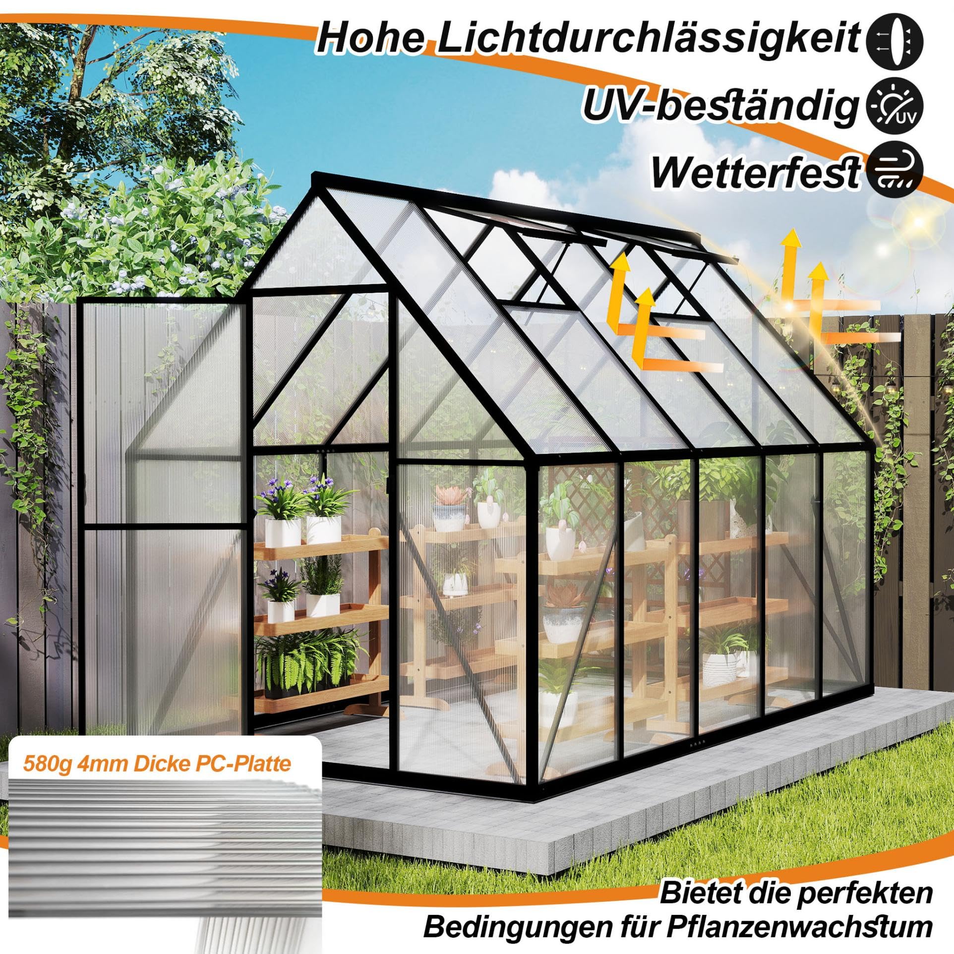 YRHome Premium Gewächshaus Aluminium 280x180x195cm 5.04m² Begehbares Garten-Gewächshaus mit verstärktem Fundament & Dachfenster & Tür Wetterfest & temperaturbeständig für Tomaten, Gemüse & Pflanzen