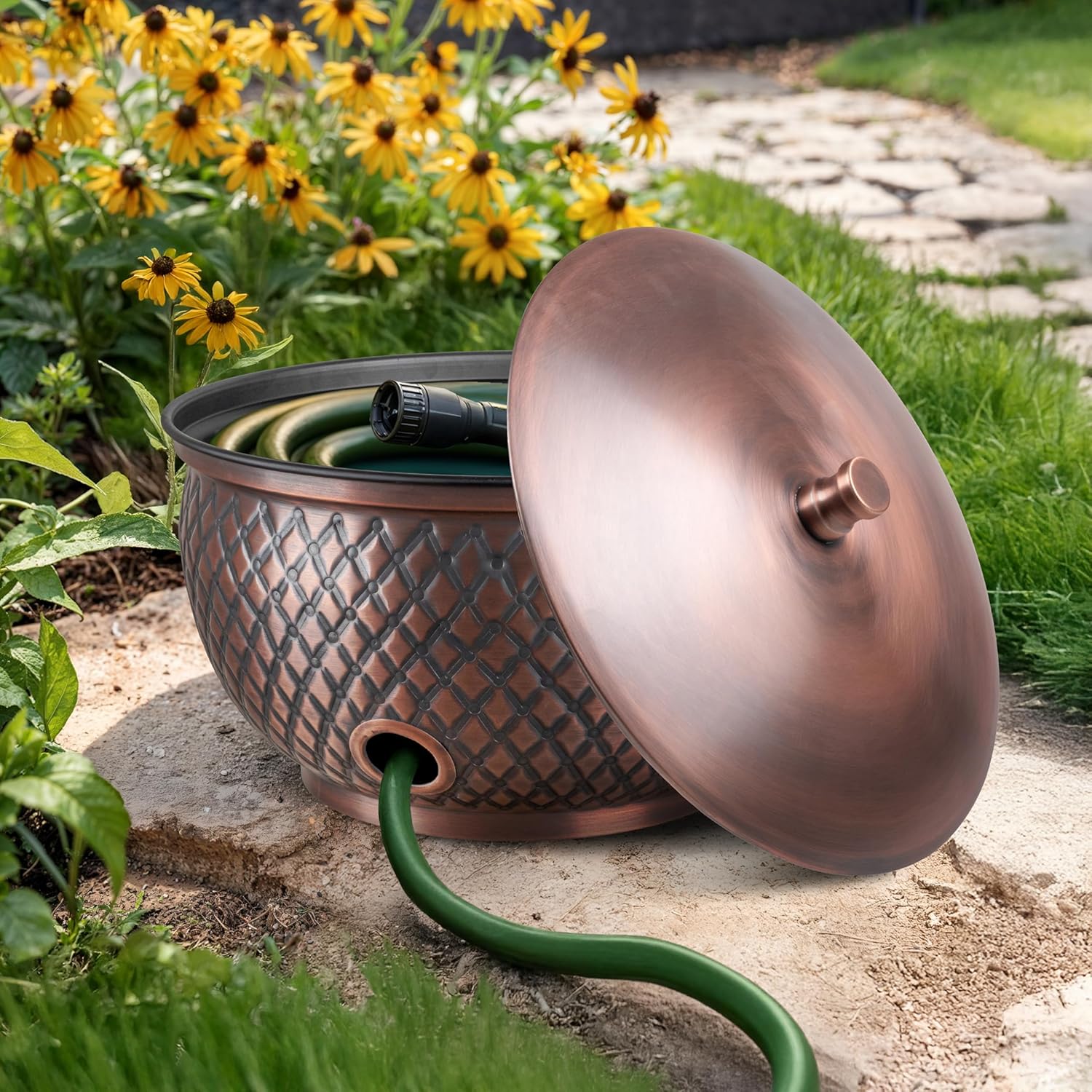 Monarch Abode Garden Hose Holder with Lid – Decorative Water Hose Holders for Outside, Diamond Embossed Metal Antique Copper Pot with Drainage, 100ft Waterhose Holder for Outside, Garden Storage Caddy