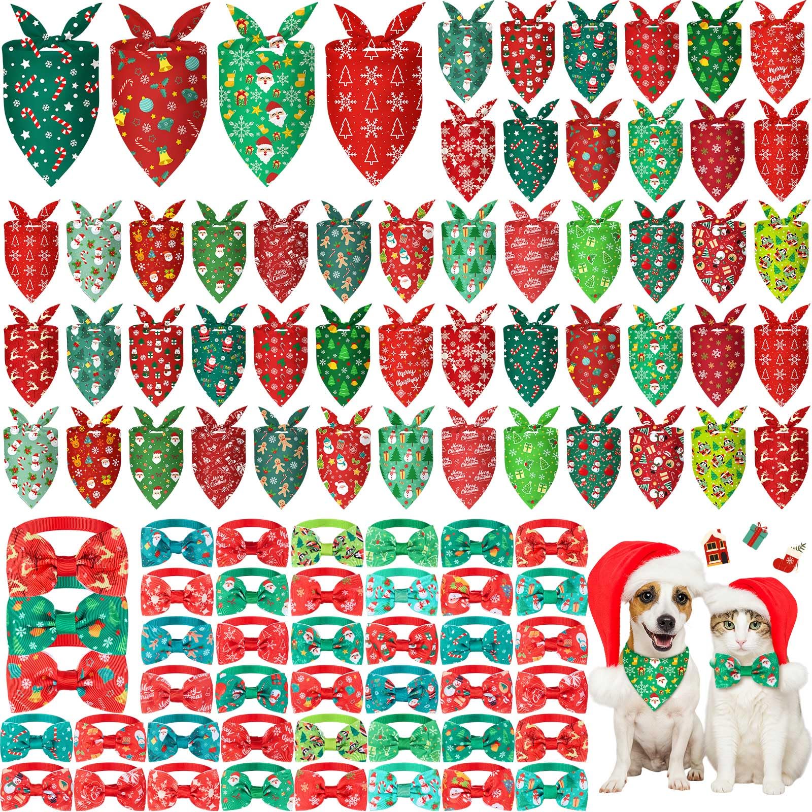Sanwuta 100 Pcs Christmas Dog Bandanas Bulk and Charm Collar Bow Ties Set 50 Xmas Bandanas for Dogs 50 Xmas Doggie Collar Santa Snowflake Triangle Scarf Bowtie for Small Medium Large Pets