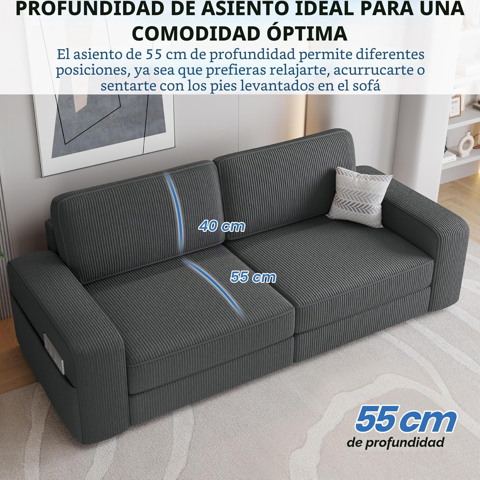 Yaheetech Sofá de 2 Plazas Tapizado de Pana con Cojines Extraíbles Gris | Sofá de 2 Plazas 212 X 81 cm, Capacidad Max Carga 272 KG, Cojines Extraíbles, Estilo Moderno, Bolsa Lateral