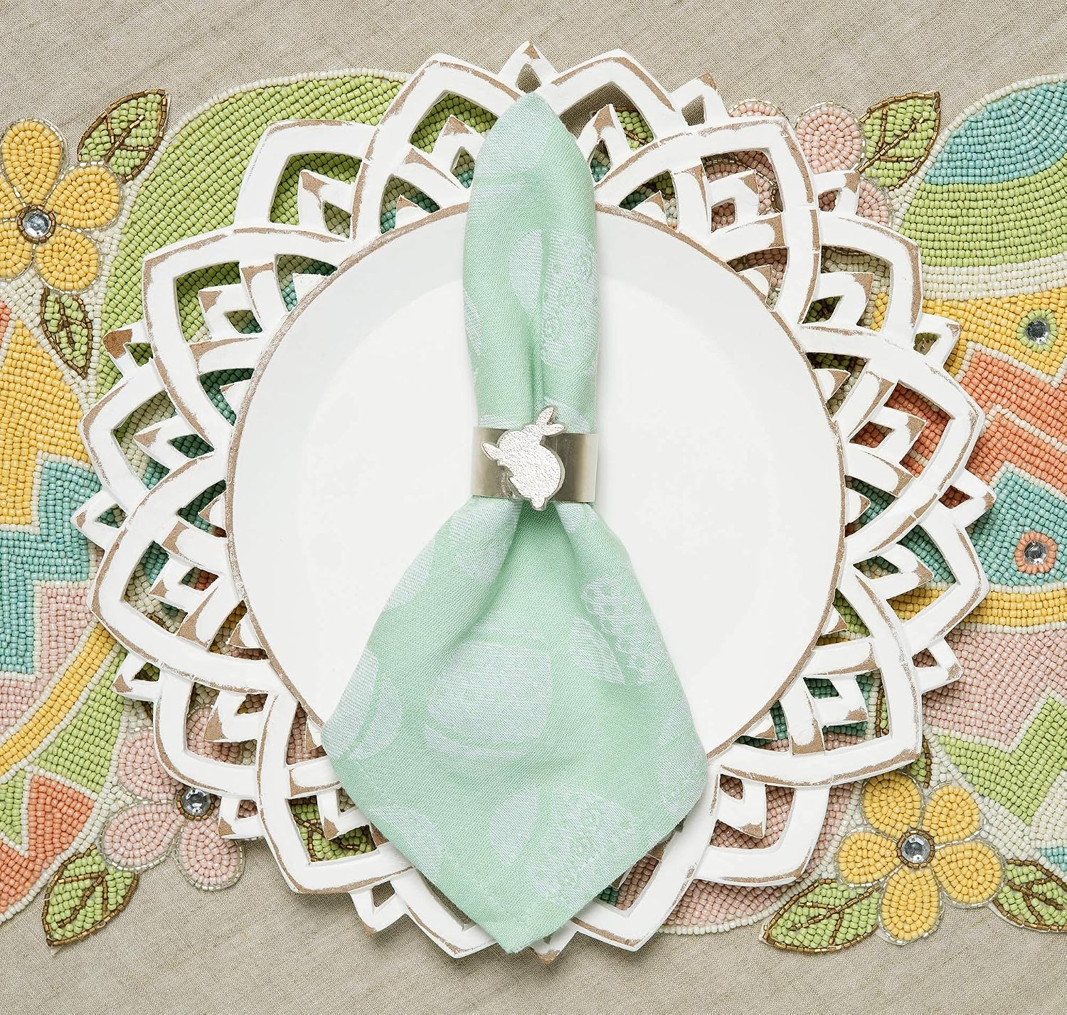 COTTON CRAFT Easter Egg Hunt Napkins - Mitered Corners - Jacquard Woven - Spring Easter Bunny Pastel Luncheon Dinner - Set of 8 - Pure Cotton - Reusable Washable - 18 x 18 - Light Green Multi Pastel