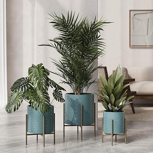 Miniatura 6 de EverNest Mid-Century Modern Rhys - Maceta en relieve de panal con soporte Loki Gold, macetas de metal para interiores, estilo bohemio azul y verde