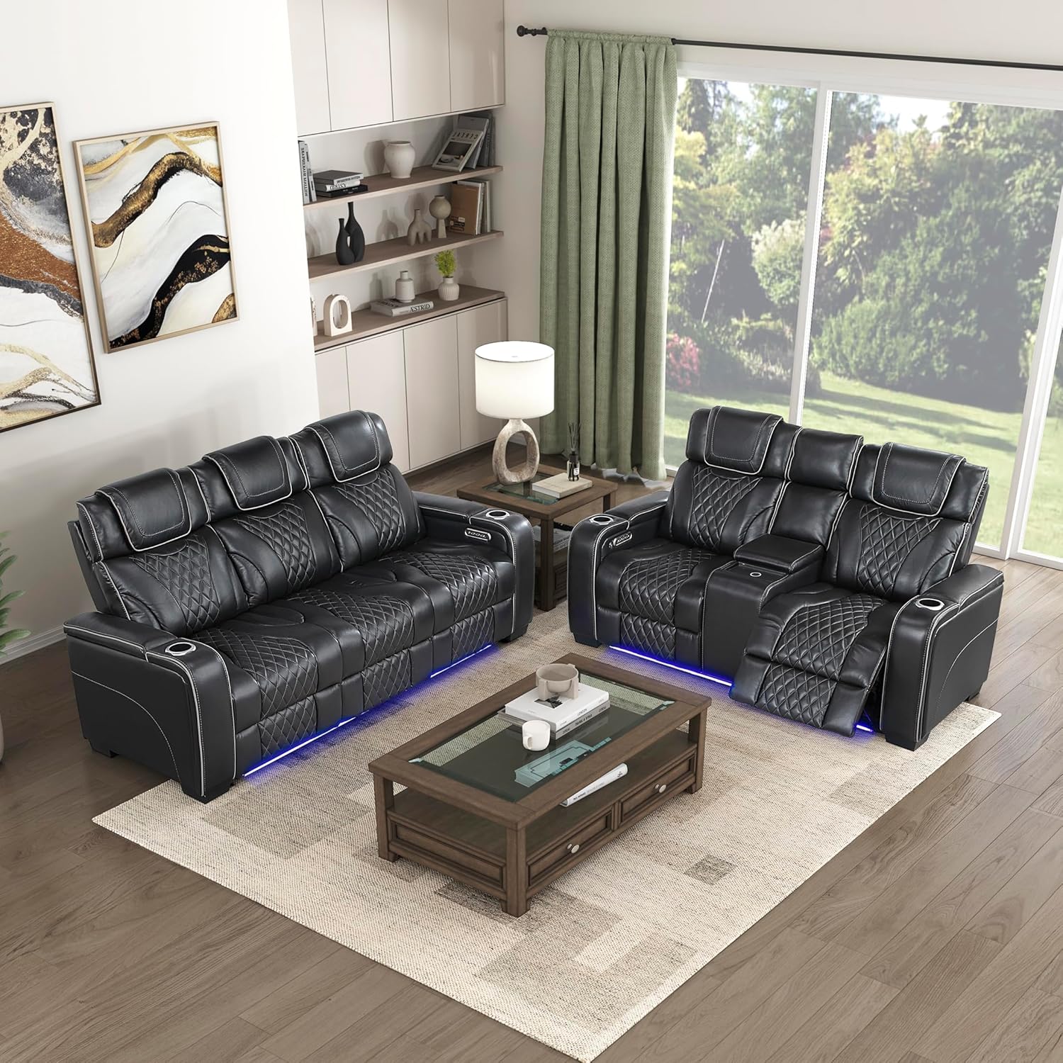 Lexicon 2 Piece Living Room Furniture Sets, Top Grain Leather Match Power Reclining Sofa Set, Heat/Massage/Headrest/Storage Arms/LED Light, Wall Hugger Double Reclining Sofa, Loveseat, 2 Pieces, BLACK