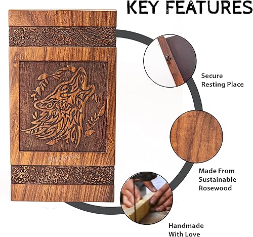 Miniatura 4 de Urna de lobo grabada personalizada de palisandro para cenizas para hombres, urnas de cremación para cenizas humanas, papá adulto, urnas de entierro