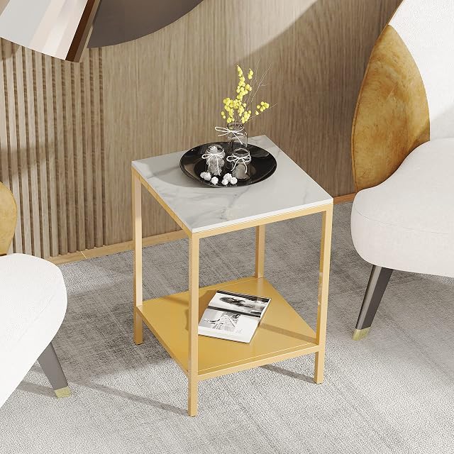 FATIVO Marble Top Side Table Gold: 2 Tier Square Golden Frame End Tables 40 x 55cm Sintered Stone Bedsides with Metal Legs Modern White Marbles Nightstand Sofa Corner Table for Small Space