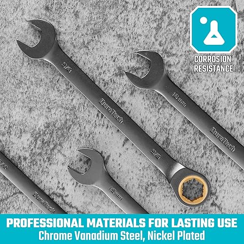 Miniatura 5 de DURATECH Juego de llaves de trinquete antideslizantes, juego de llaves combinadas, 22 piezas, métricas y SAE, 14" a 34" y 0.236-0.709 in, 72
