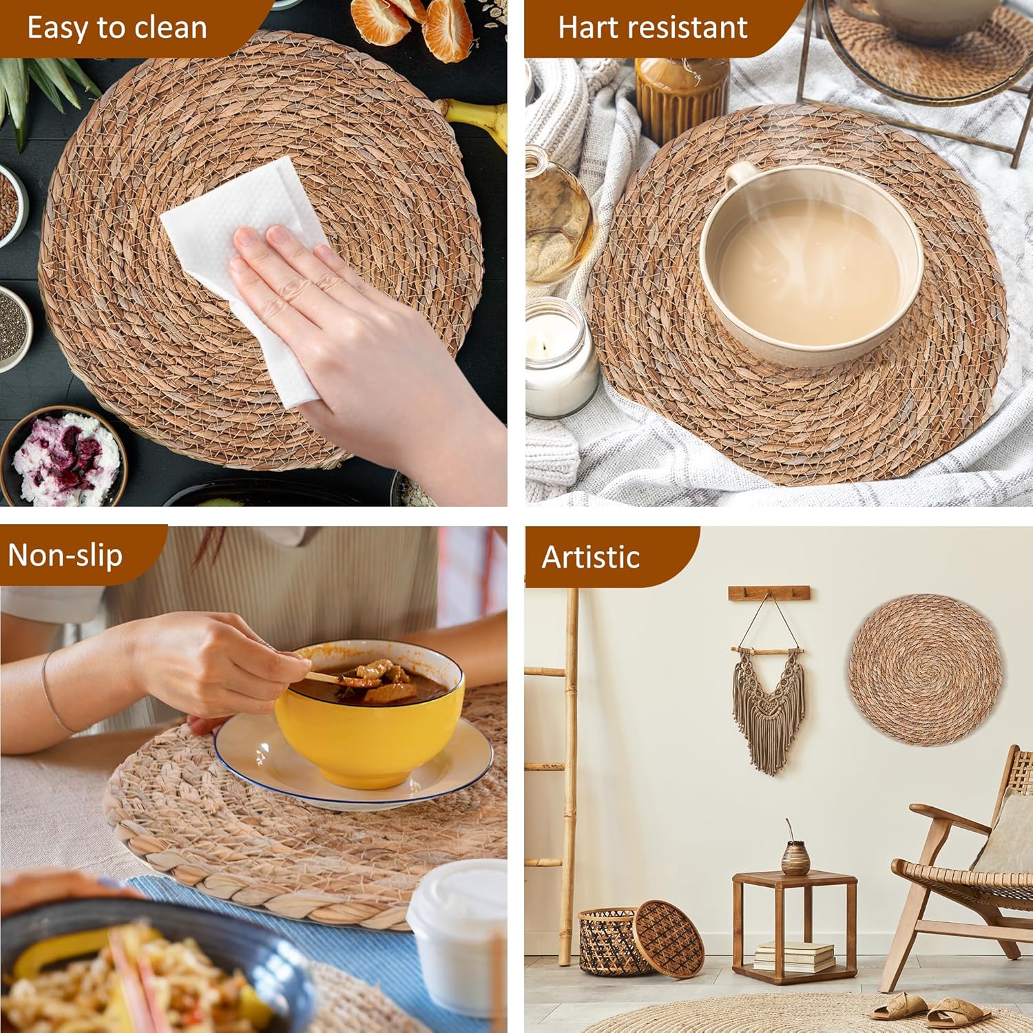 Defined Deco Woven Placemats Set of 10,12" Round Rattan Placemats,Natural Hand-Woven Water Hyacinth Placemats,Farmhouse Weave Place Mats,Rustic Braided Wicker Table Mats for Dining Table,Home,Wedding.